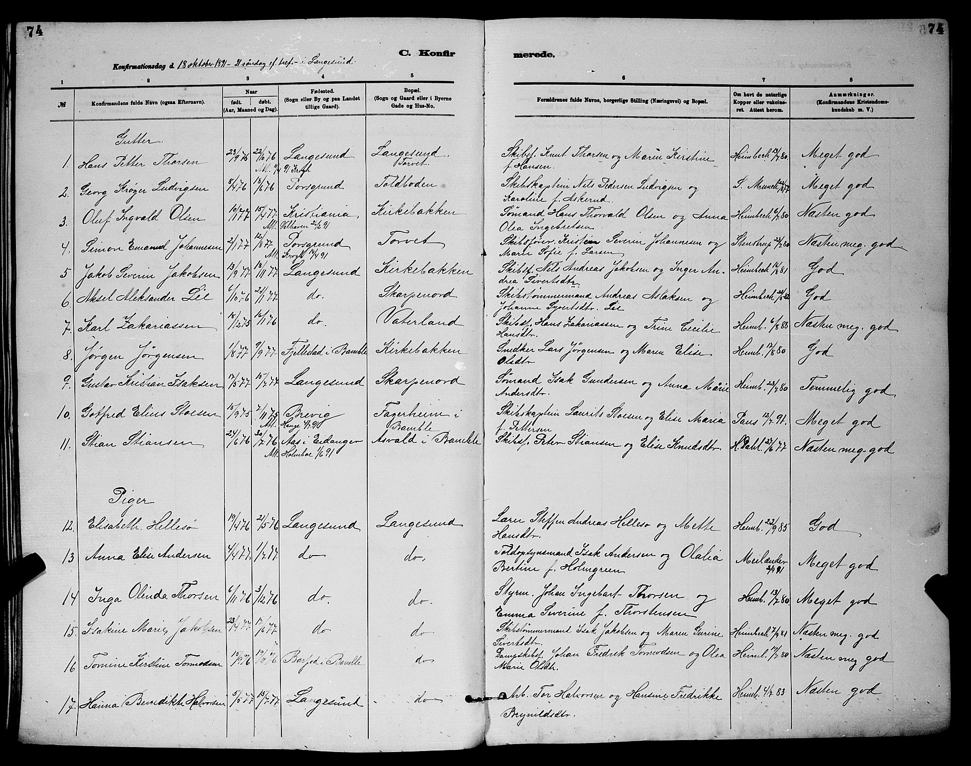 Langesund kirkebøker, SAKO/A-280/G/Ga/L0005: Parish register (copy) no. 5, 1884-1898, p. 74