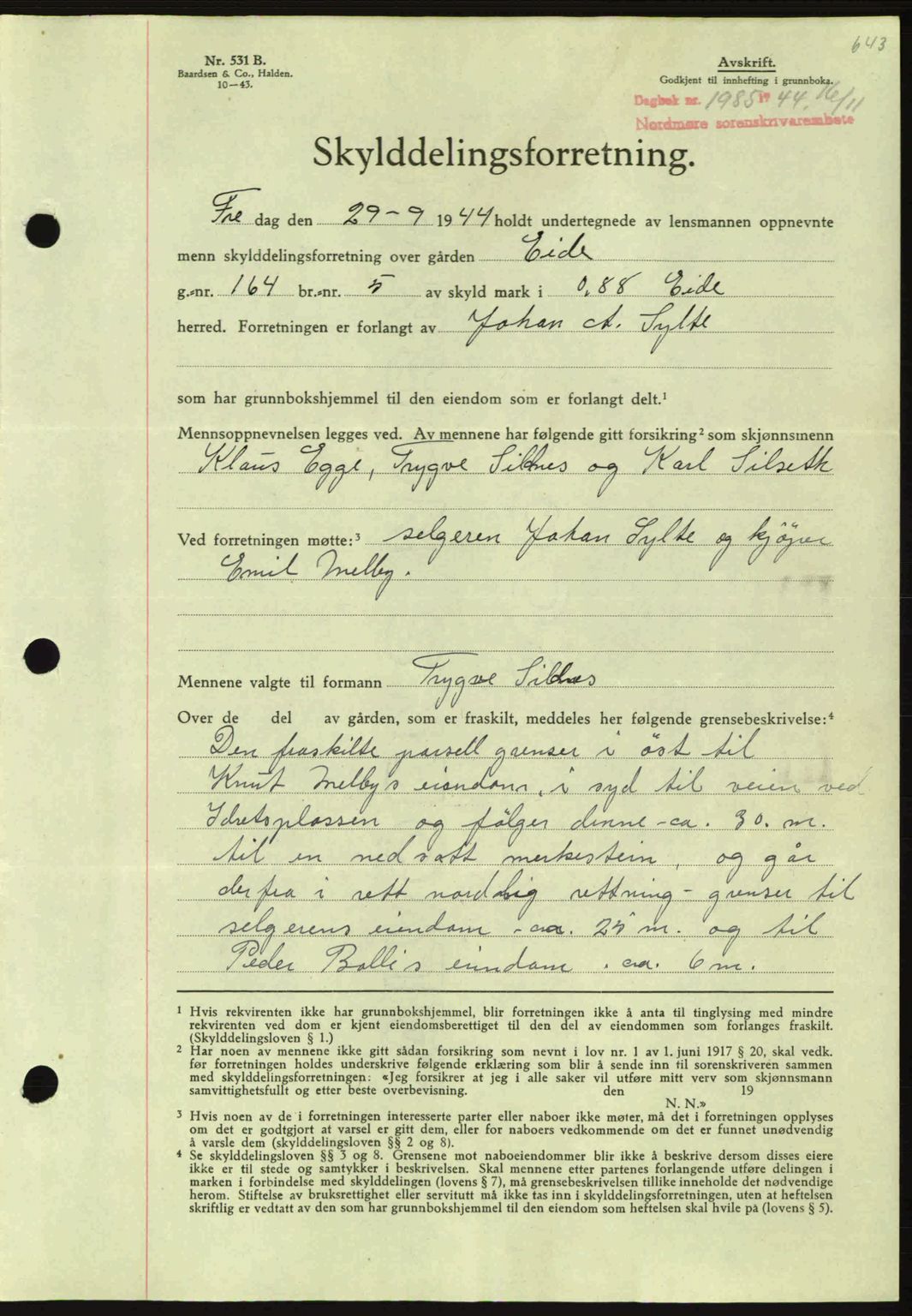 Nordmøre sorenskriveri, AV/SAT-A-4132/1/2/2Ca: Mortgage book no. A98, 1944-1944, Diary no: : 1985/1944