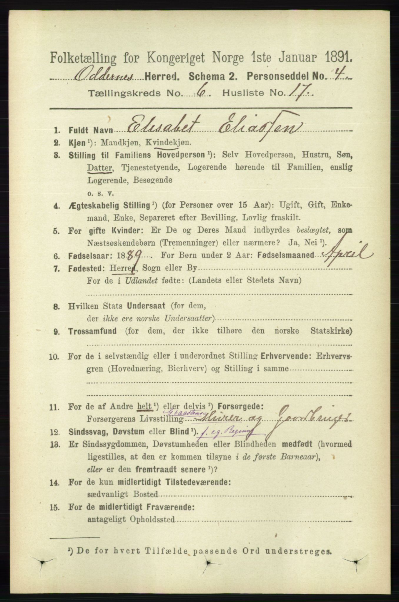 RA, 1891 census for 1012 Oddernes, 1891, p. 2291