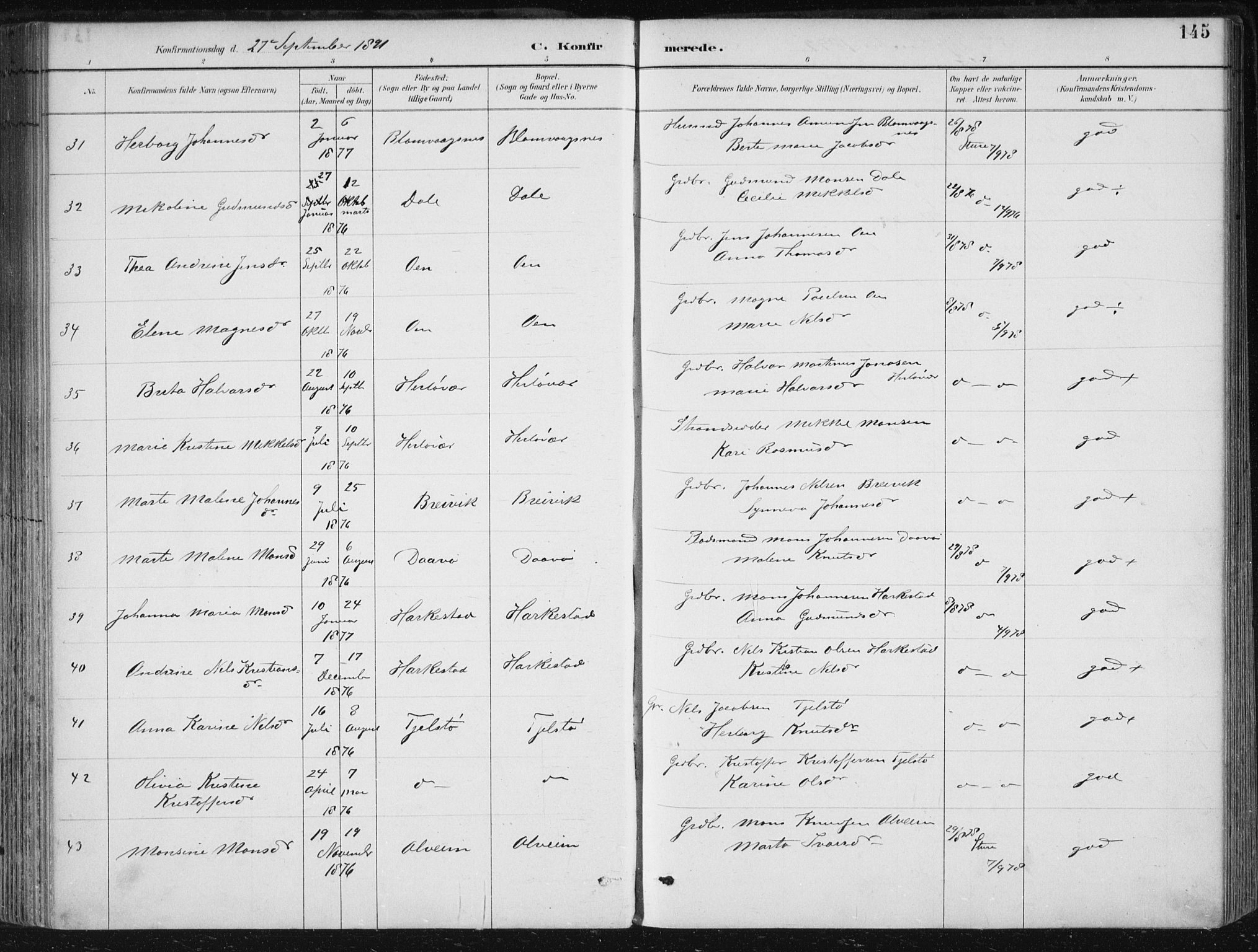 Herdla Sokneprestembete, AV/SAB-A-75701/H/Haa: Parish register (official) no. A 4, 1891-1905, p. 145