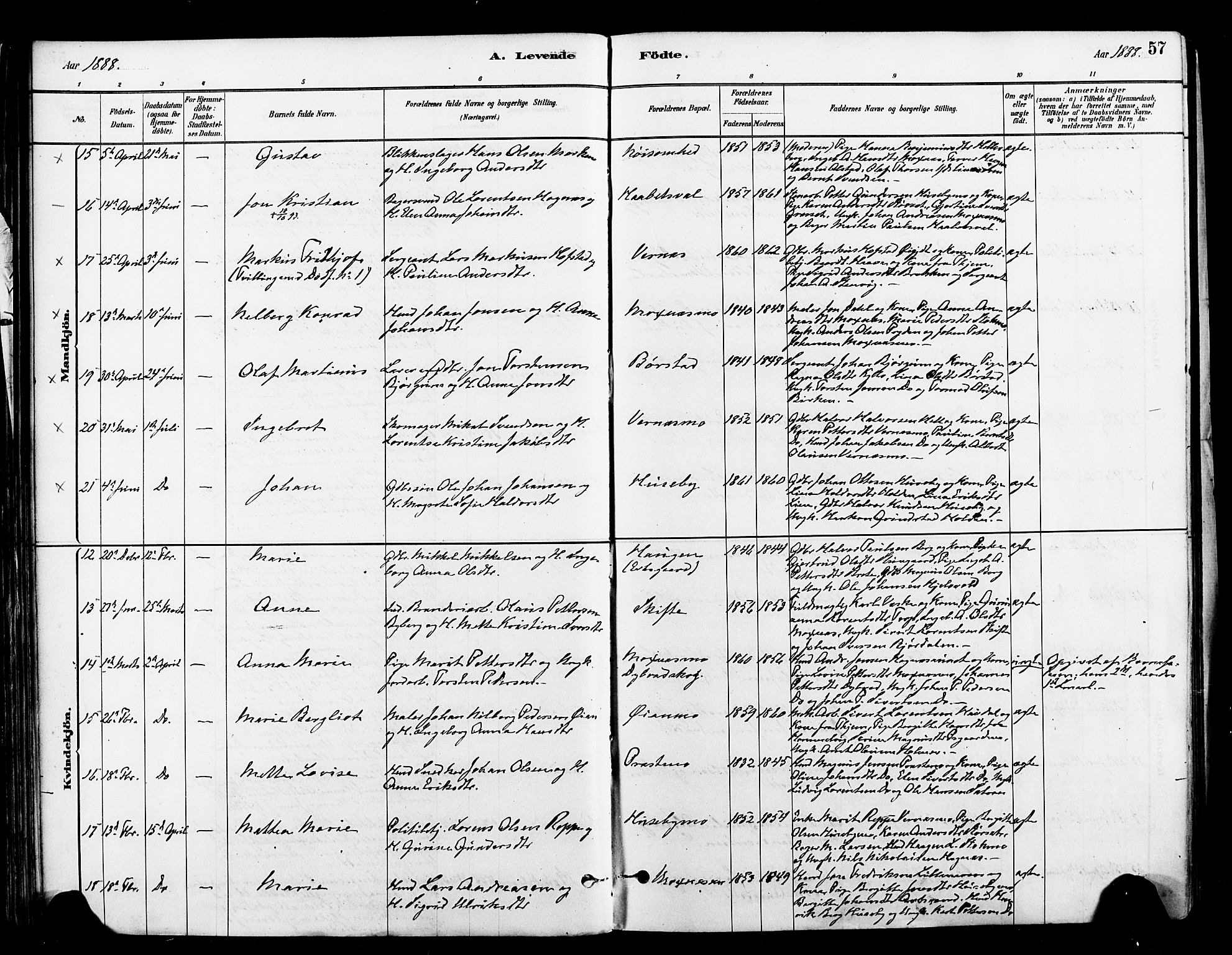 Ministerialprotokoller, klokkerbøker og fødselsregistre - Nord-Trøndelag, AV/SAT-A-1458/709/L0077: Parish register (official) no. 709A17, 1880-1895, p. 57