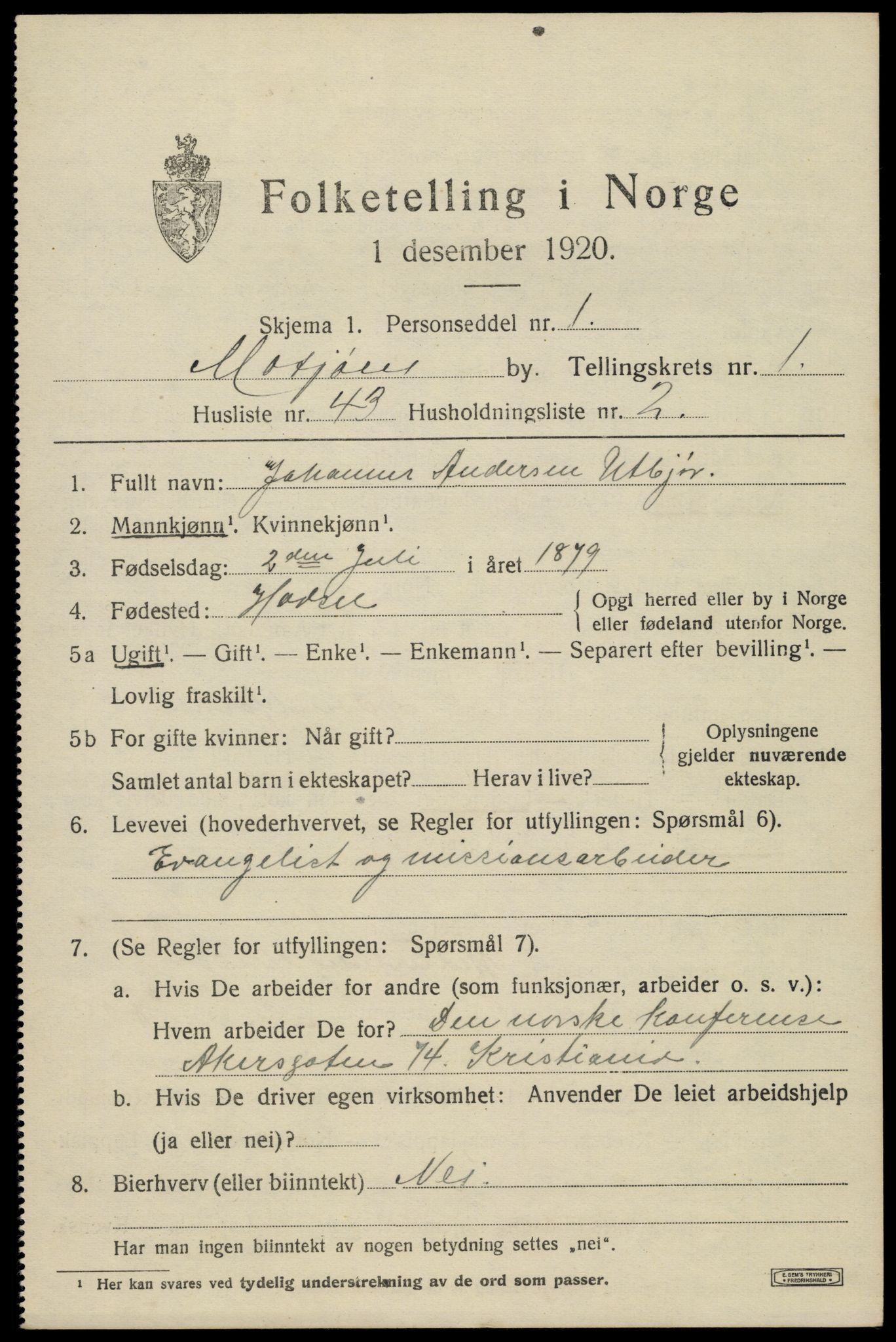 SAT, 1920 census for Mosjøen, 1920, p. 2110