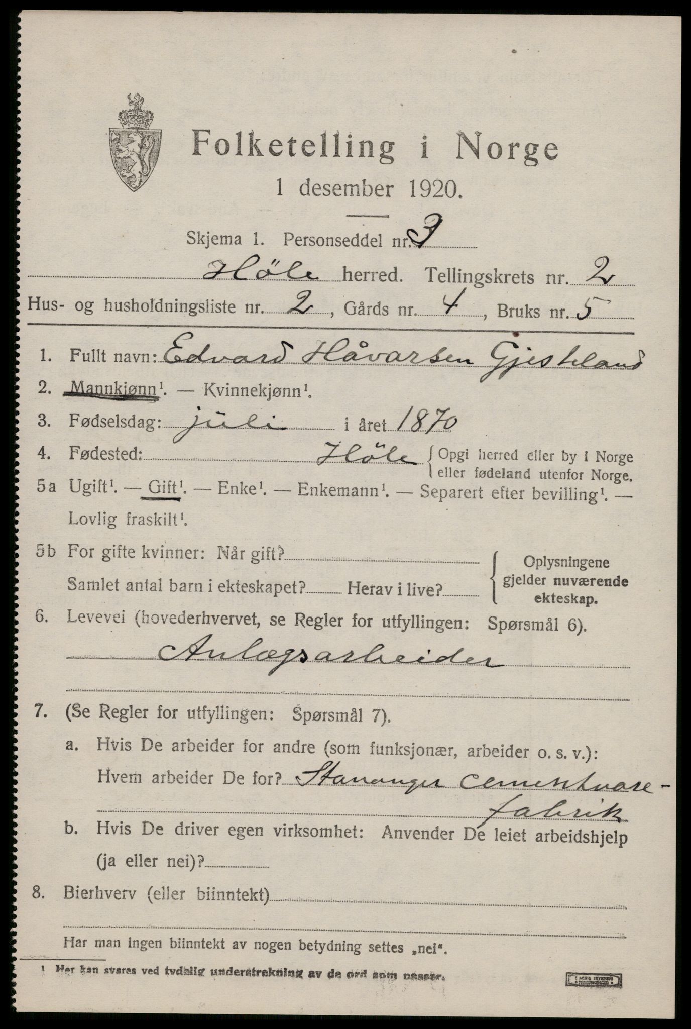 SAST, 1920 census for Høle, 1920, p. 679