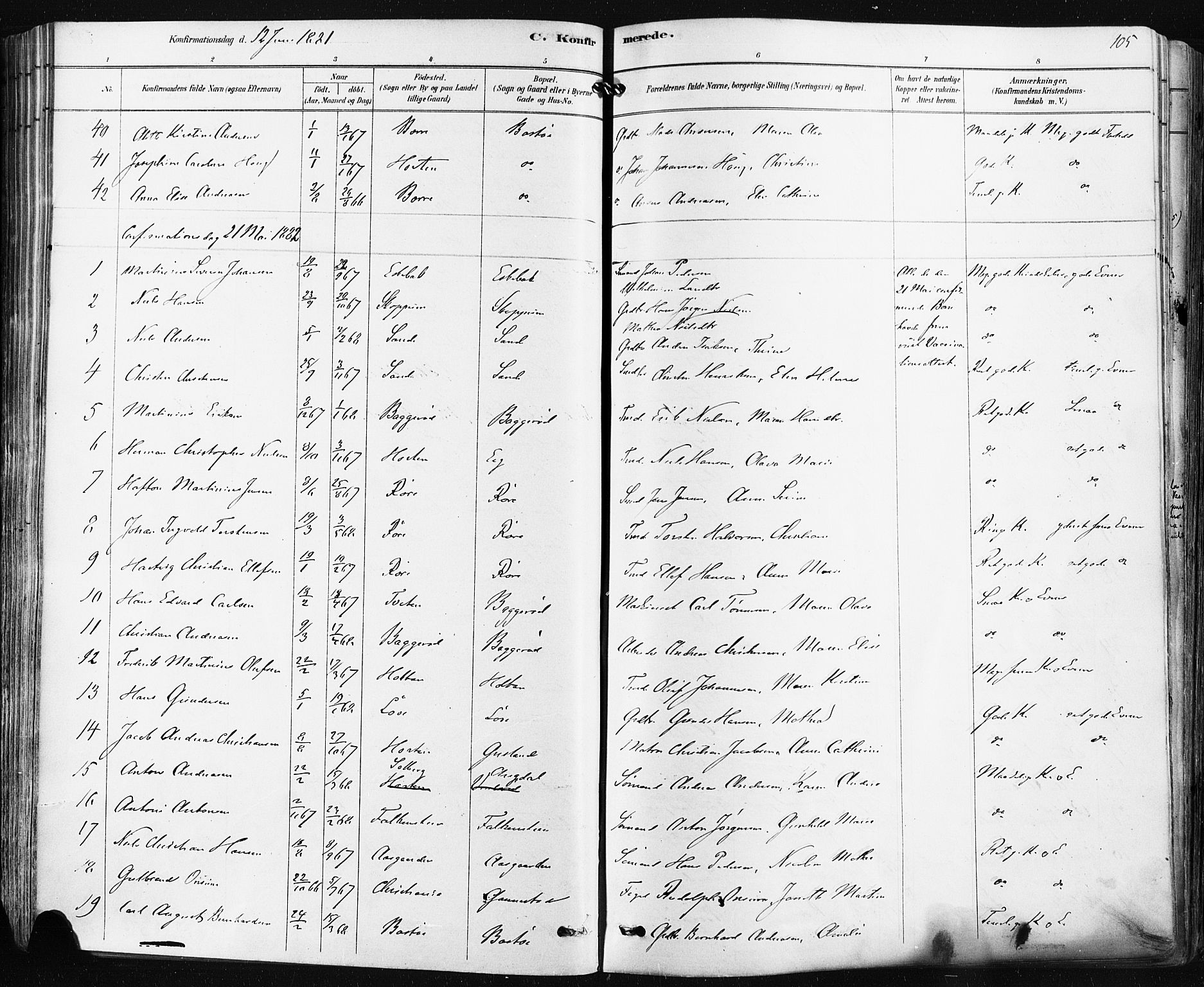 Borre kirkebøker, AV/SAKO-A-338/F/Fa/L0009: Parish register (official) no. I 9, 1878-1896, p. 105