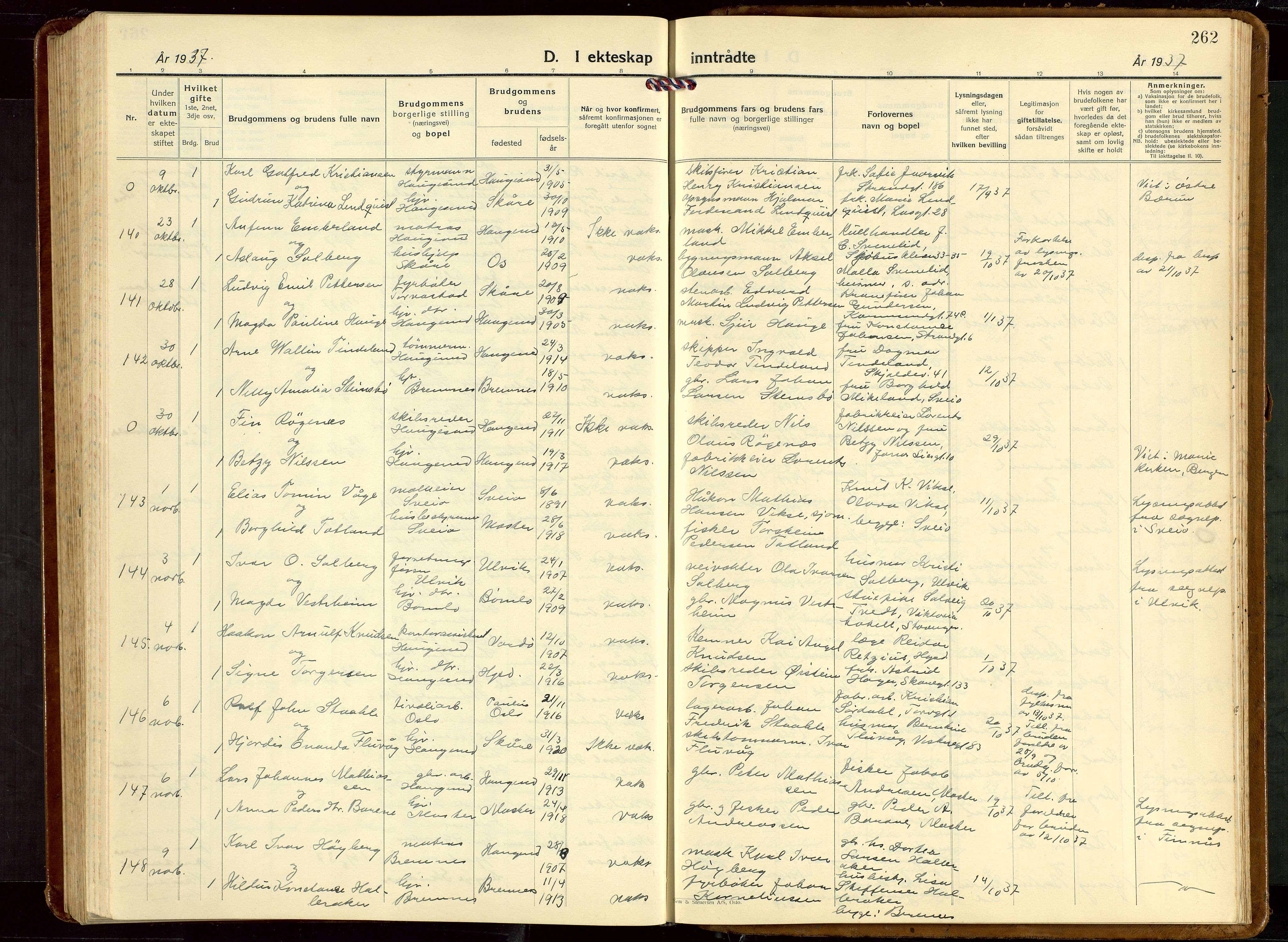 Haugesund sokneprestkontor, AV/SAST-A -101863/H/Ha/Hab/L0013: Parish register (copy) no. B 13, 1931-1943, p. 262