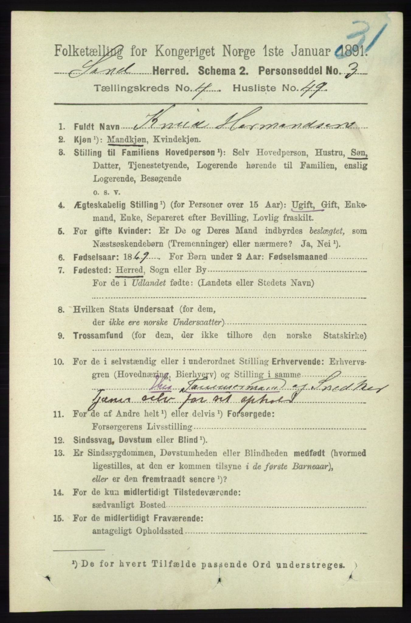 RA, 1891 census for 1136 Sand, 1891, p. 1474