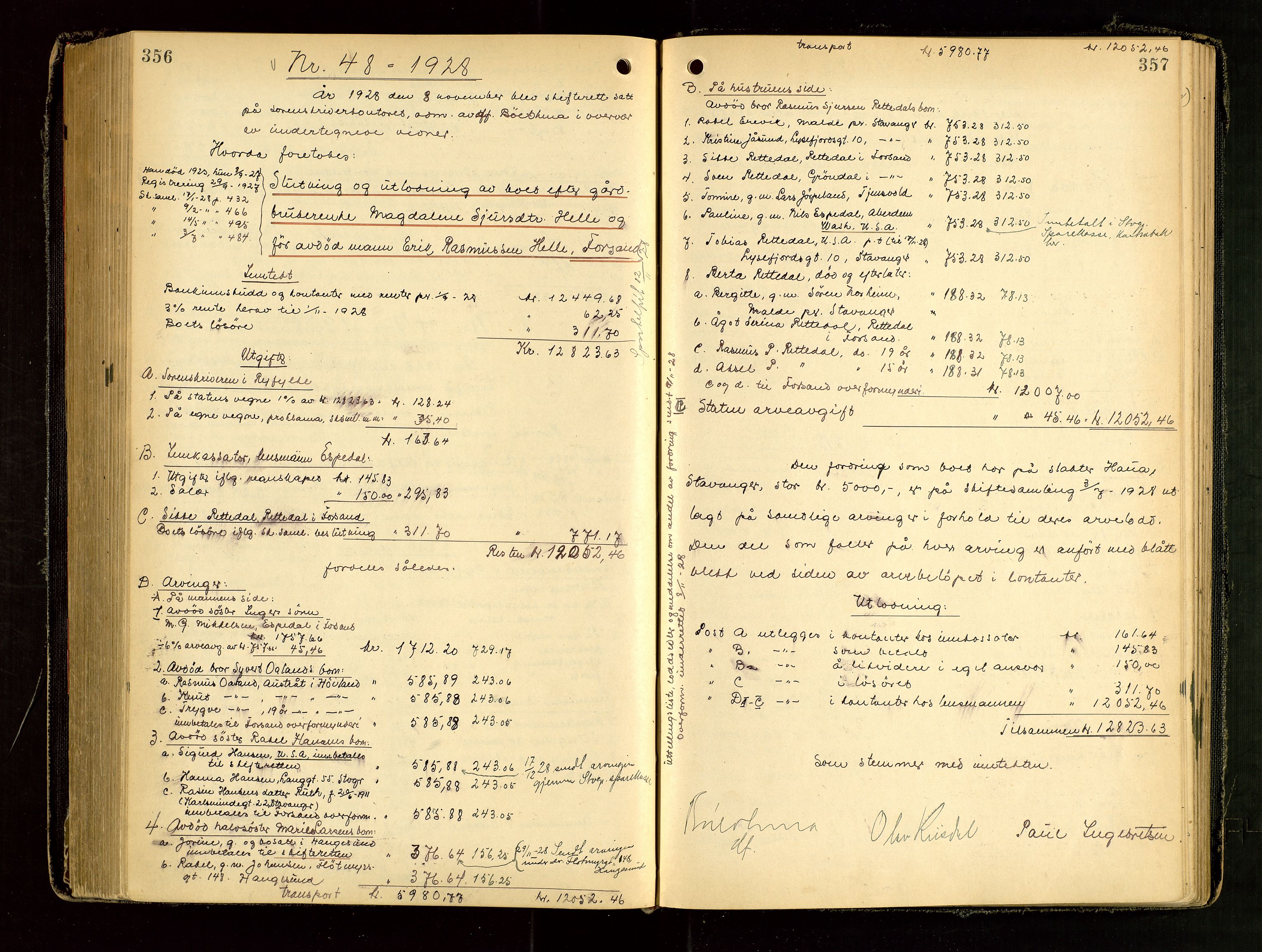 Ryfylke tingrett, AV/SAST-A-100055/001/IV/IVG/L0006: Skifteutlodningsprotokoll Med register, 1924-1929, p. 356-357