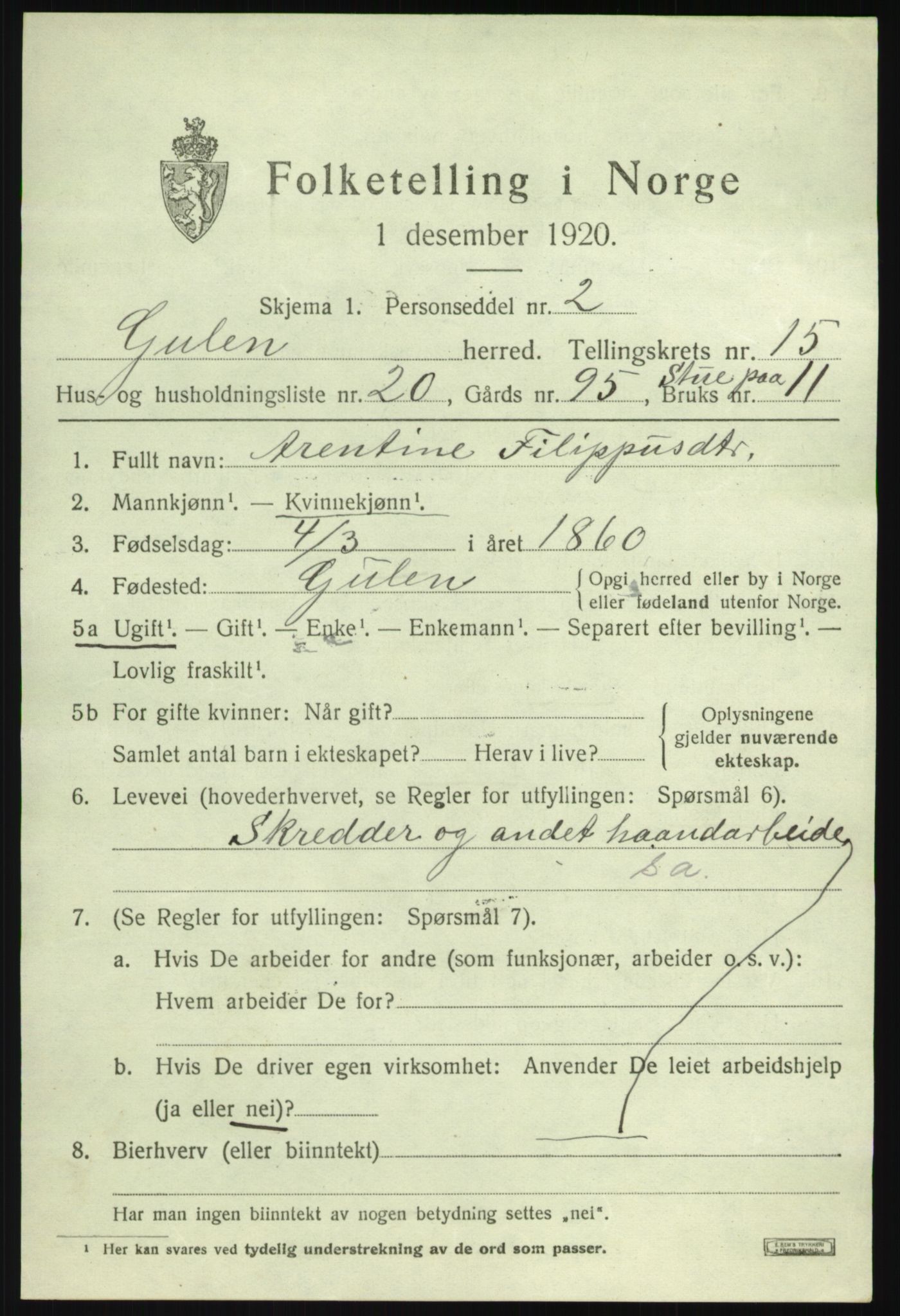 SAB, 1920 census for Gulen, 1920, p. 6695