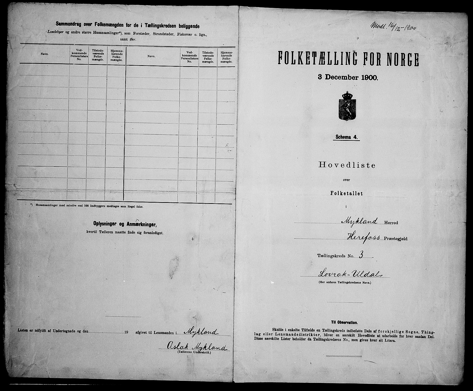 SAK, 1900 census for Mykland, 1900, p. 16