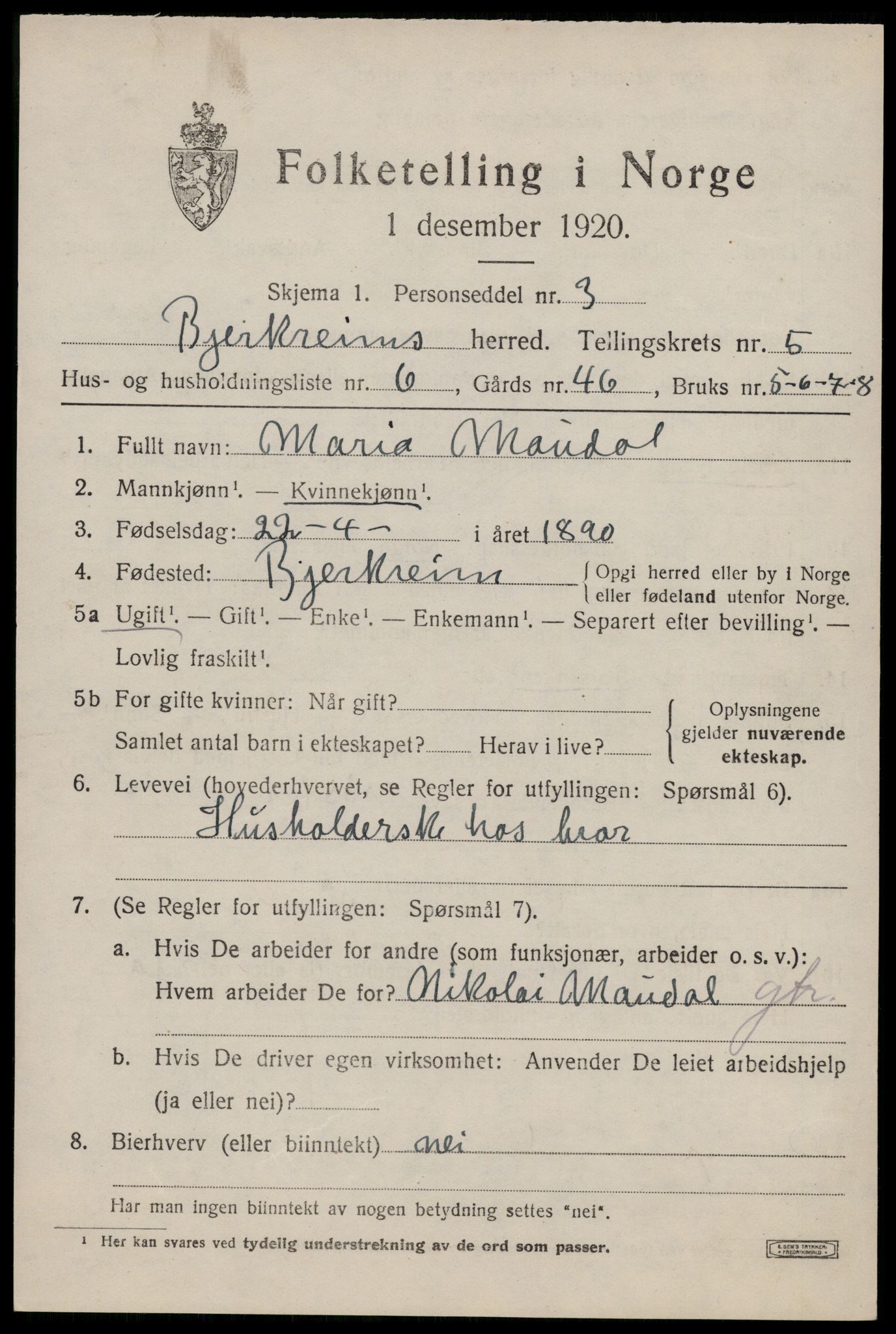 SAST, 1920 census for Bjerkreim, 1920, p. 2118