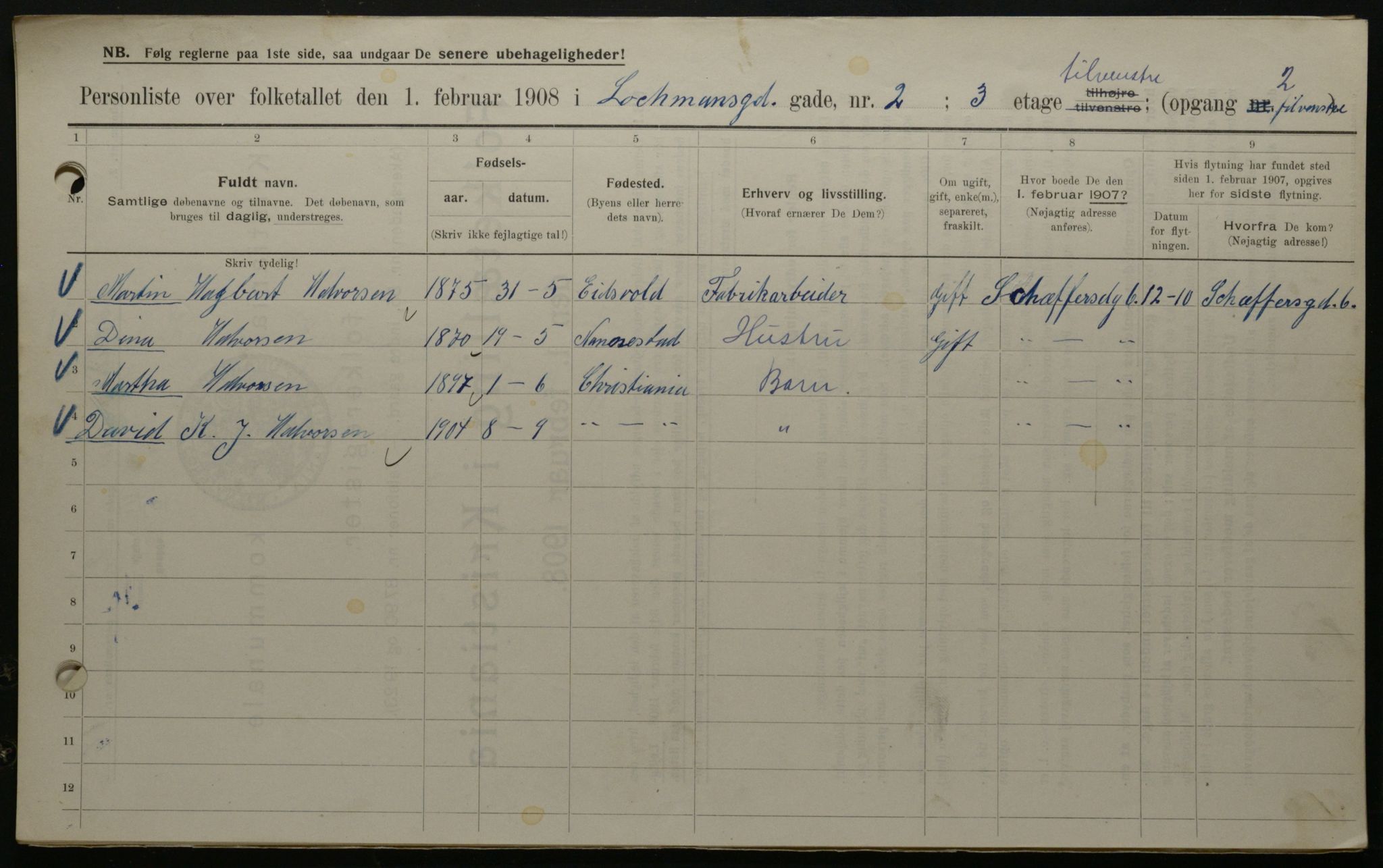 OBA, Municipal Census 1908 for Kristiania, 1908, p. 73452