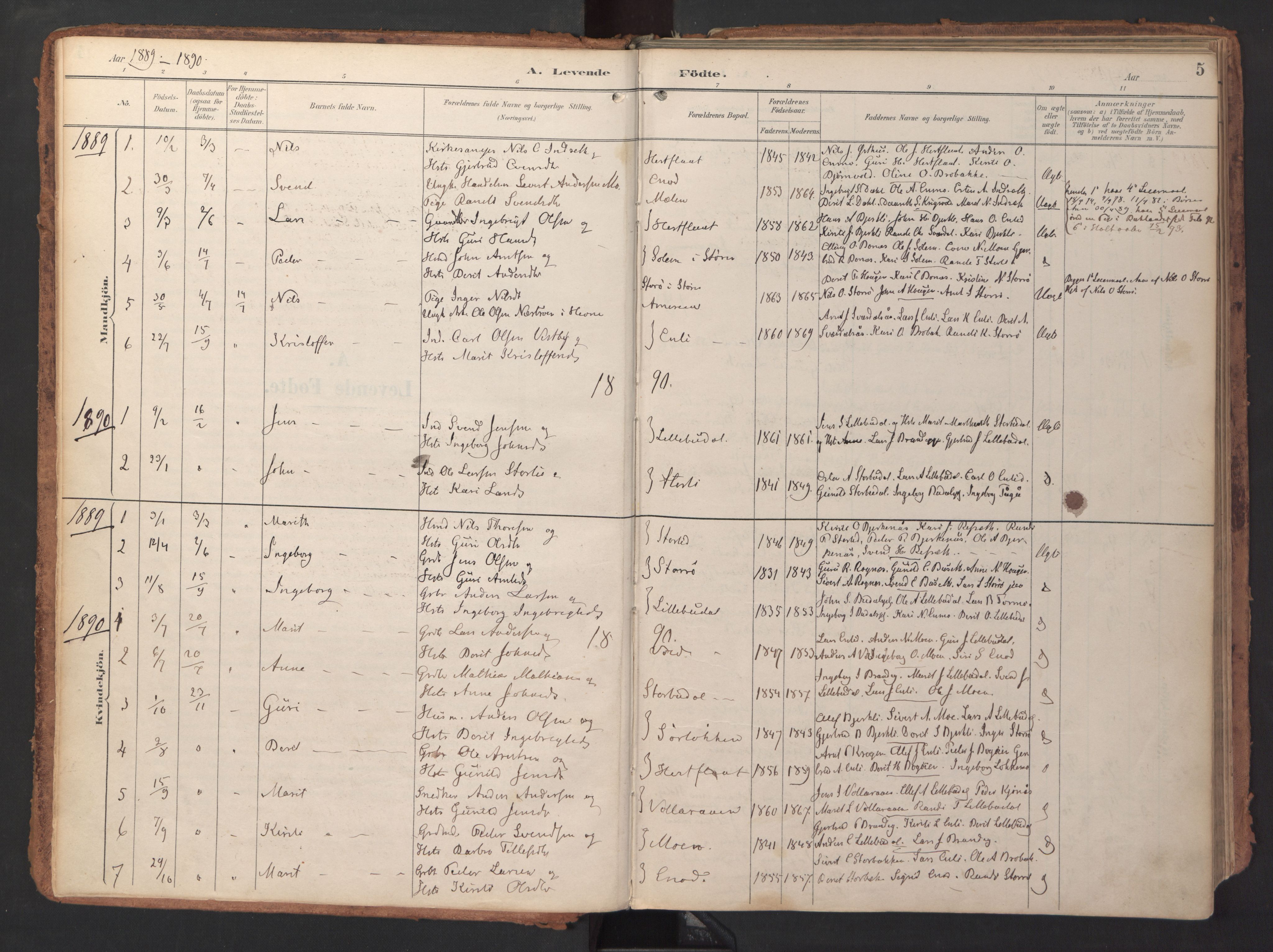 Ministerialprotokoller, klokkerbøker og fødselsregistre - Sør-Trøndelag, AV/SAT-A-1456/690/L1050: Parish register (official) no. 690A01, 1889-1929, p. 5