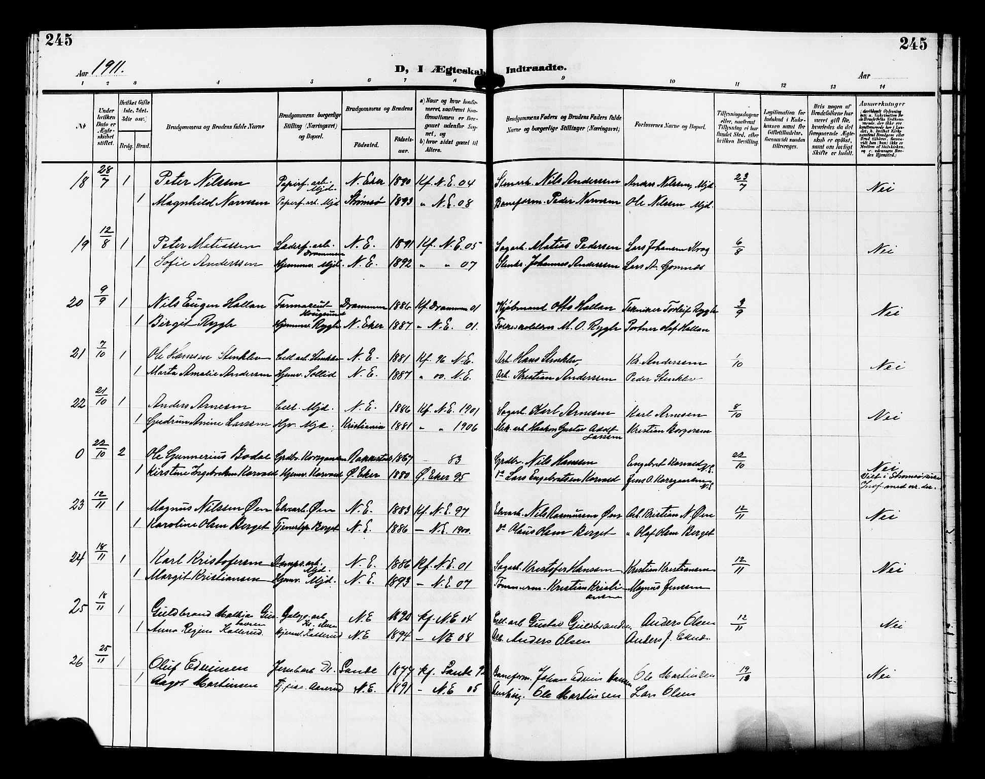 Nedre Eiker kirkebøker, AV/SAKO-A-612/G/Ga/L0004: Parish register (copy) no. 4, 1905-1912, p. 245