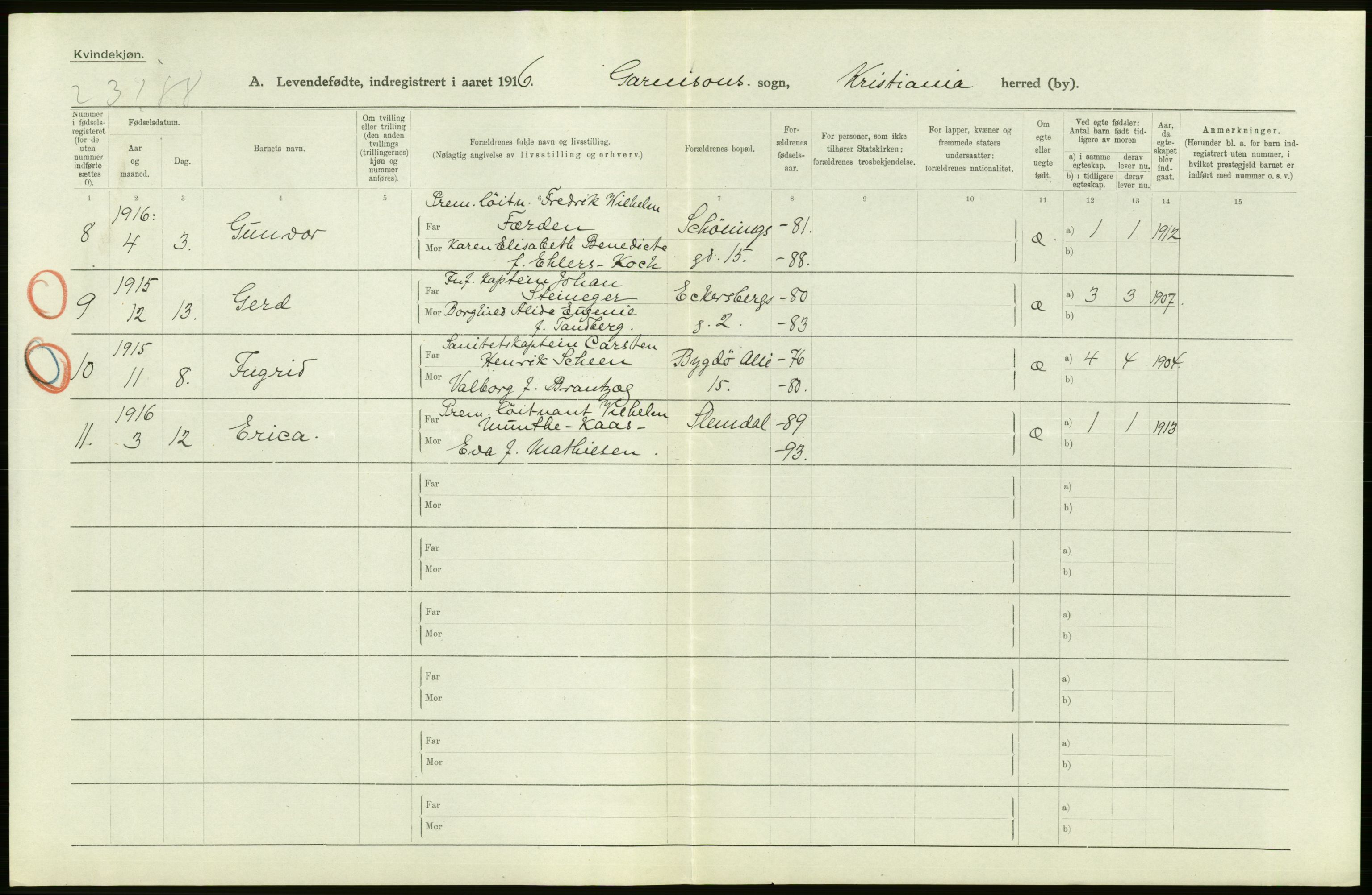 Statistisk sentralbyrå, Sosiodemografiske emner, Befolkning, AV/RA-S-2228/D/Df/Dfb/Dfbf/L0007: Kristiania: Levendefødte menn og kvinner., 1916, p. 474