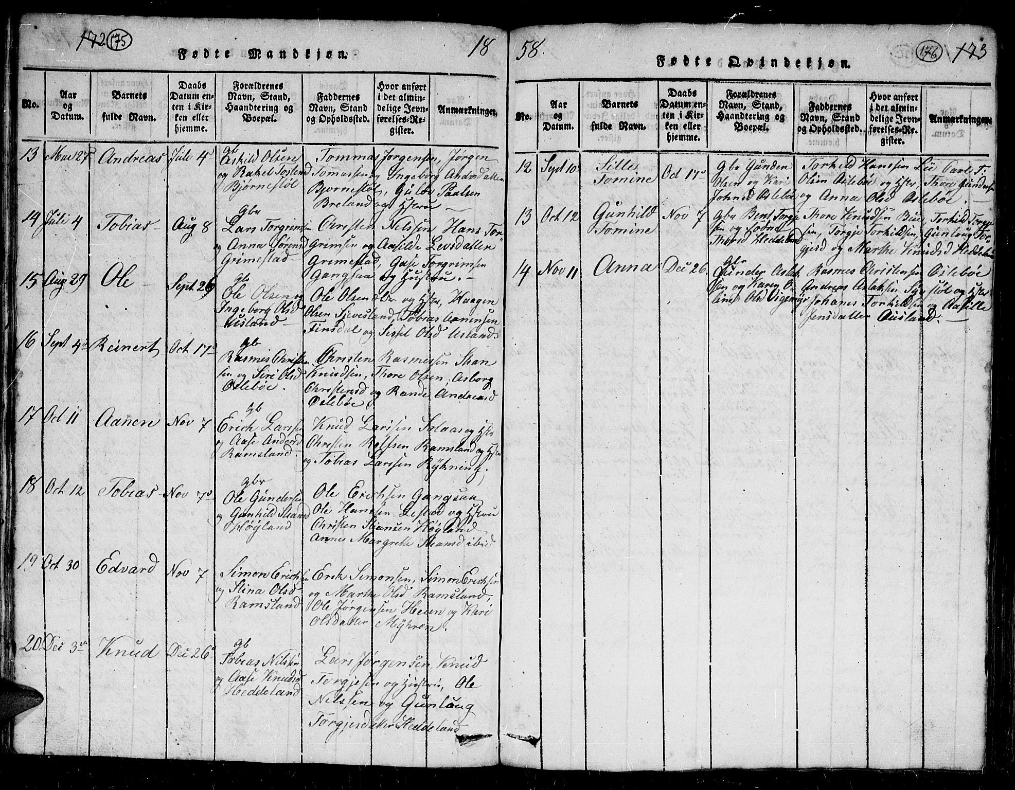 Holum sokneprestkontor, AV/SAK-1111-0022/F/Fb/Fbc/L0001: Parish register (copy) no. B 1, 1820-1859, p. 175-176