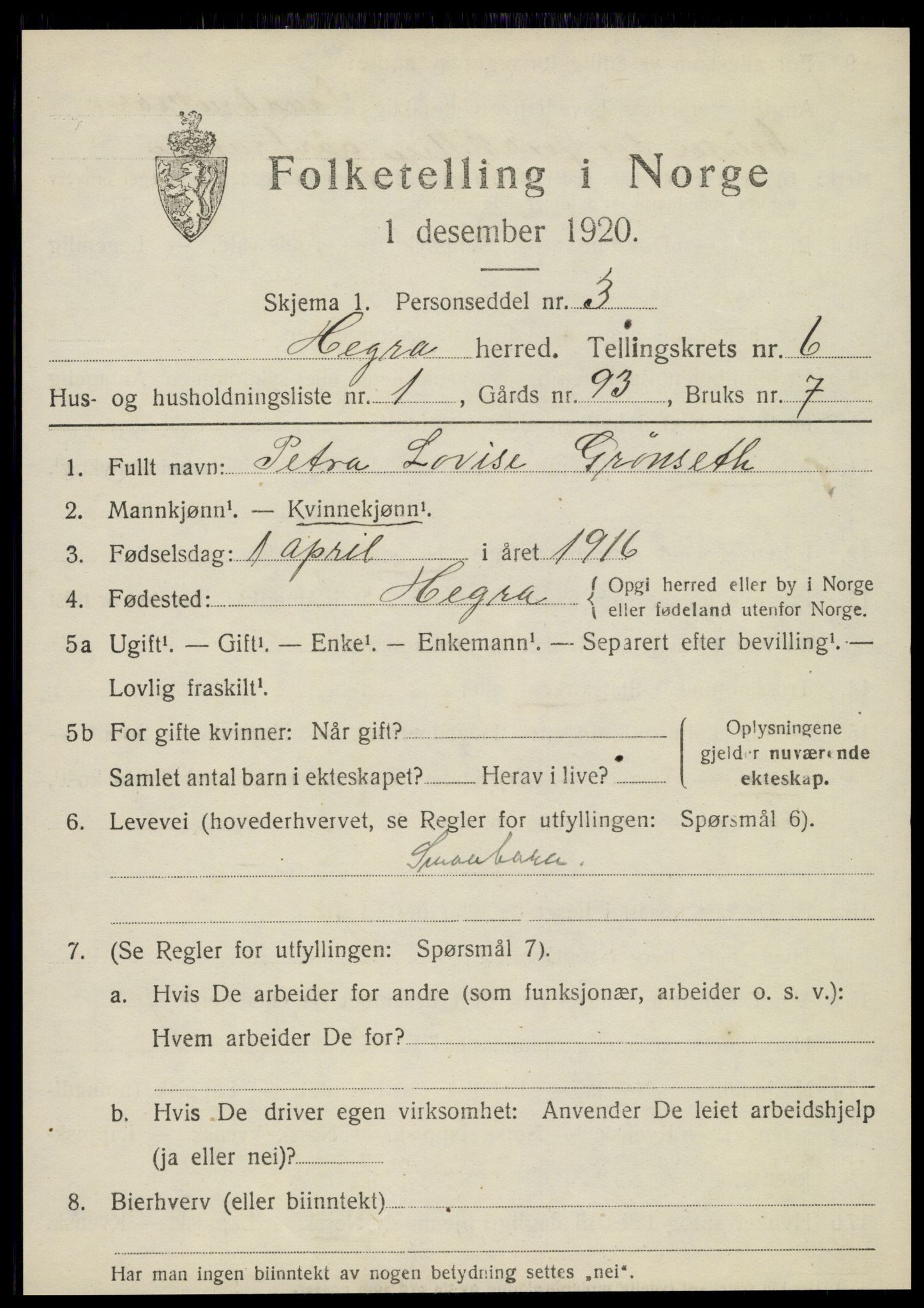 SAT, 1920 census for Hegra, 1920, p. 4860