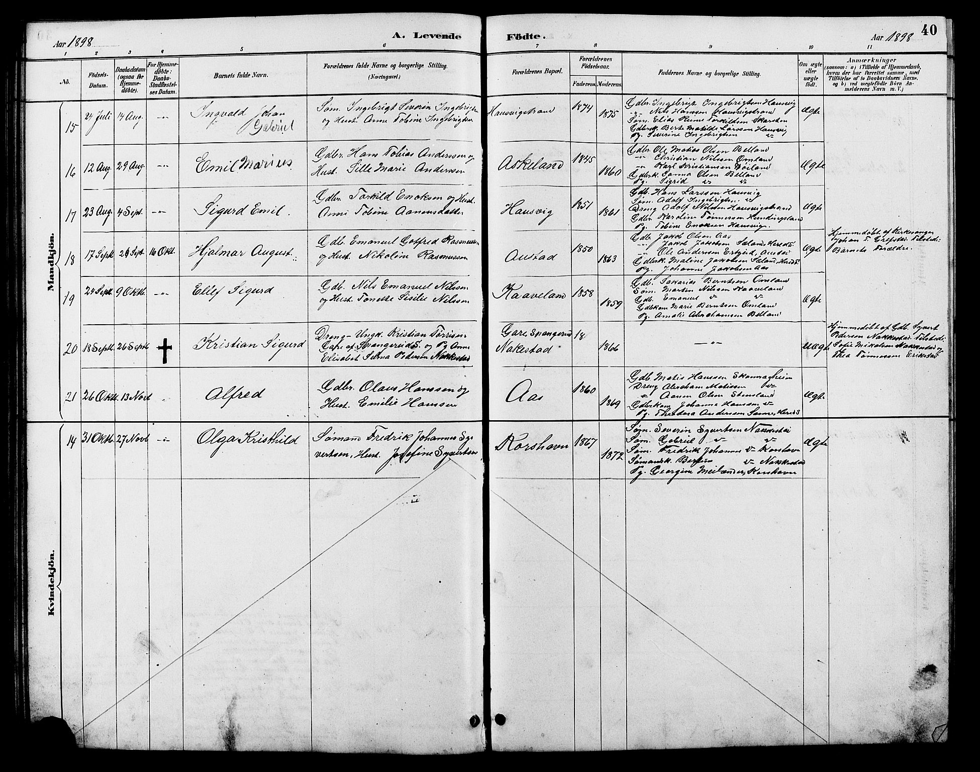 Lyngdal sokneprestkontor, AV/SAK-1111-0029/F/Fb/Fba/L0003: Parish register (copy) no. B 3, 1886-1903, p. 40