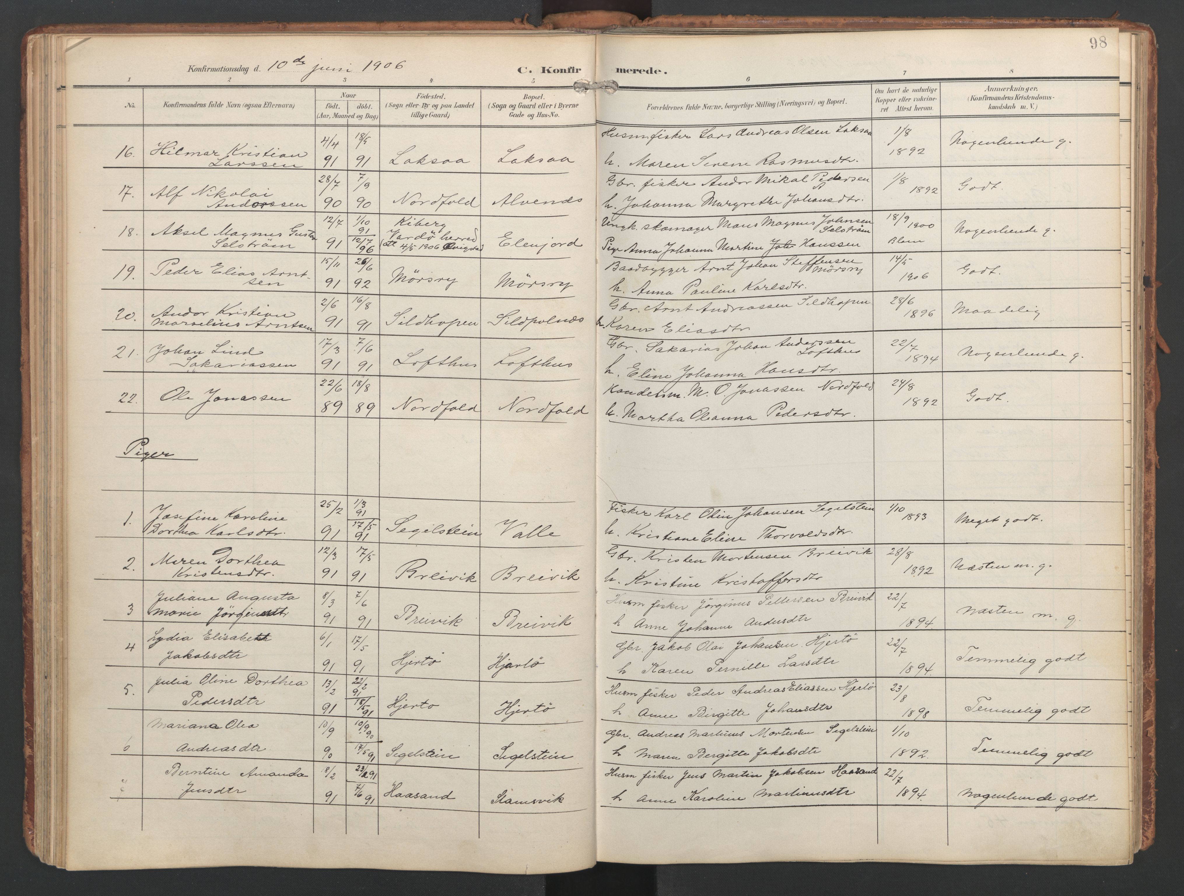 Ministerialprotokoller, klokkerbøker og fødselsregistre - Nordland, AV/SAT-A-1459/858/L0832: Parish register (official) no. 858A02, 1902-1915, p. 98
