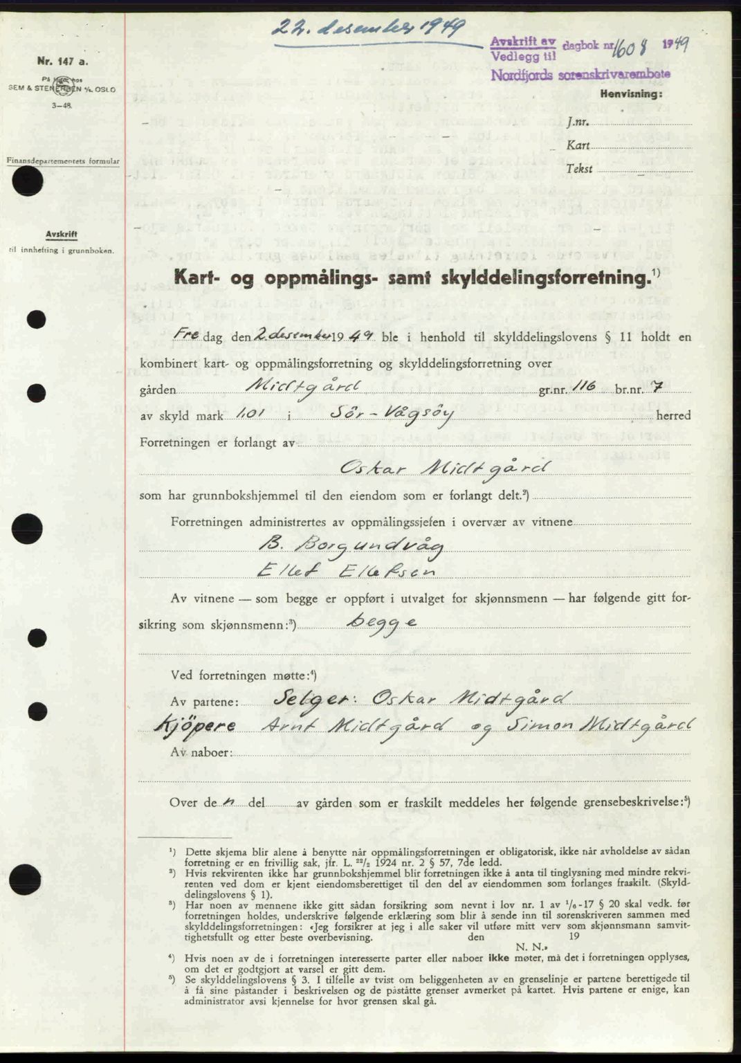 Nordfjord sorenskriveri, SAB/A-2801/02/02b/02bj/L0016a: Mortgage book no. A16 I, 1949-1950, Diary no: : 1608/1949