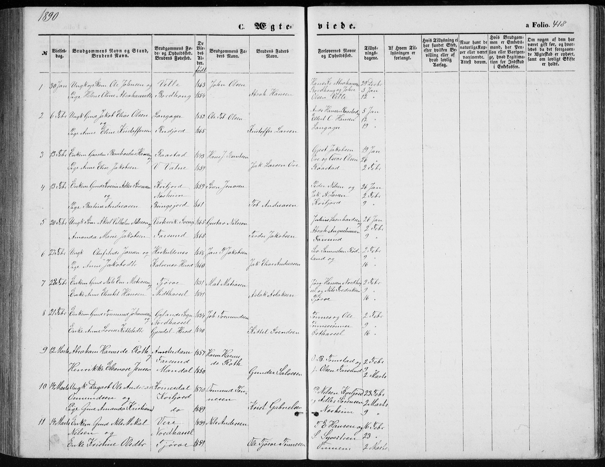 Lista sokneprestkontor, AV/SAK-1111-0027/F/Fb/L0004: Parish register (copy) no. B 4, 1877-1891, p. 418