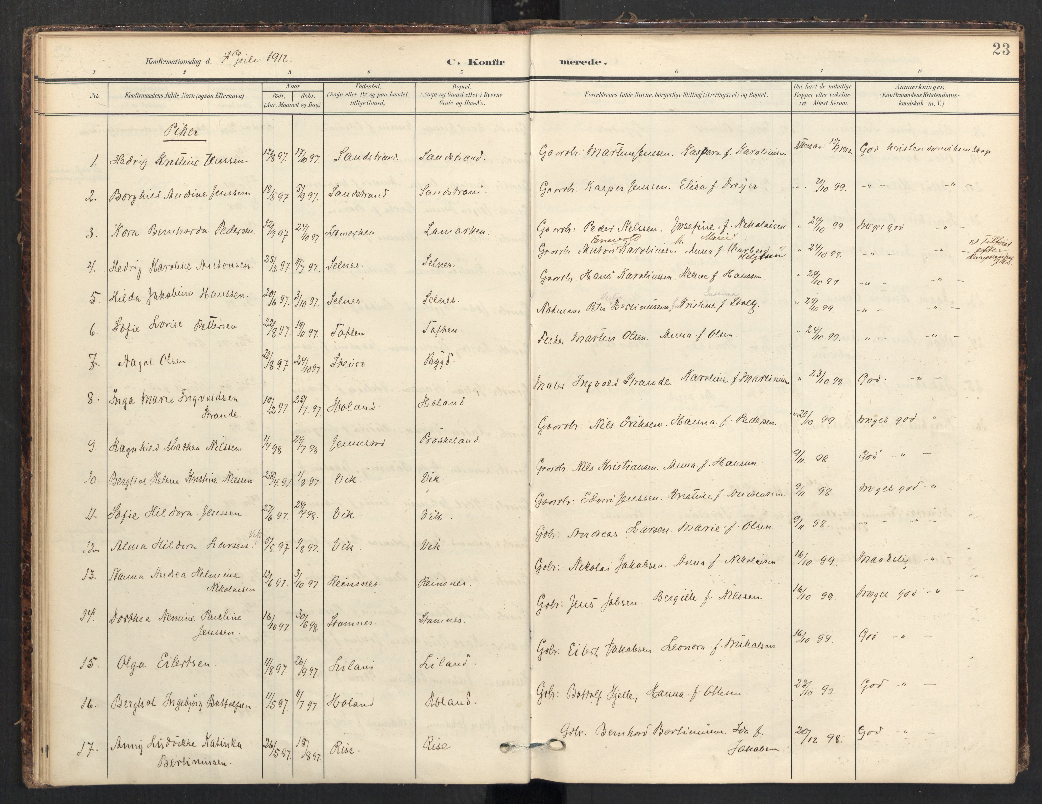 Ministerialprotokoller, klokkerbøker og fødselsregistre - Nordland, AV/SAT-A-1459/895/L1375: Parish register (official) no. 895A10, 1907-1938, p. 23