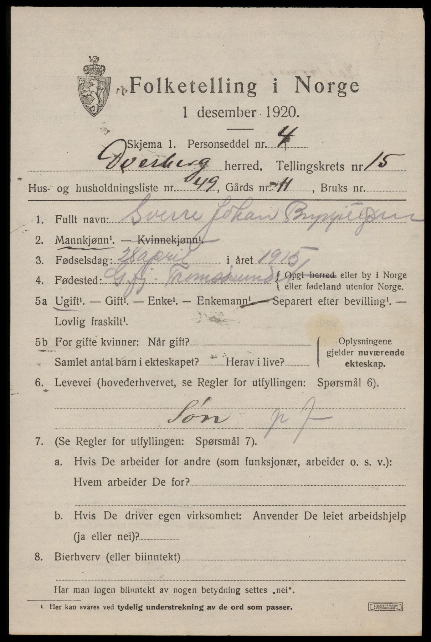 SAT, 1920 census for Dverberg, 1920, p. 11550