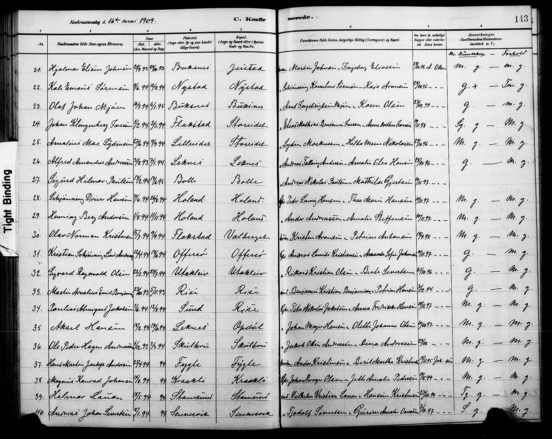 Ministerialprotokoller, klokkerbøker og fødselsregistre - Nordland, AV/SAT-A-1459/881/L1168: Parish register (copy) no. 881C05, 1900-1911, p. 143