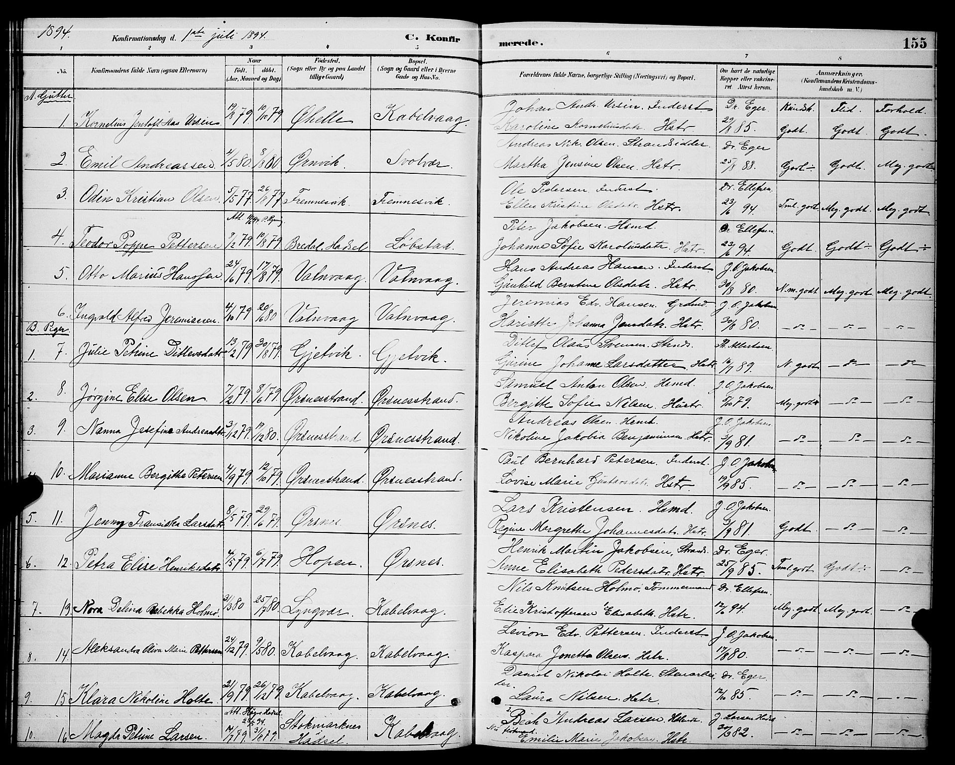 Ministerialprotokoller, klokkerbøker og fødselsregistre - Nordland, AV/SAT-A-1459/874/L1077: Parish register (copy) no. 874C06, 1891-1900, p. 155