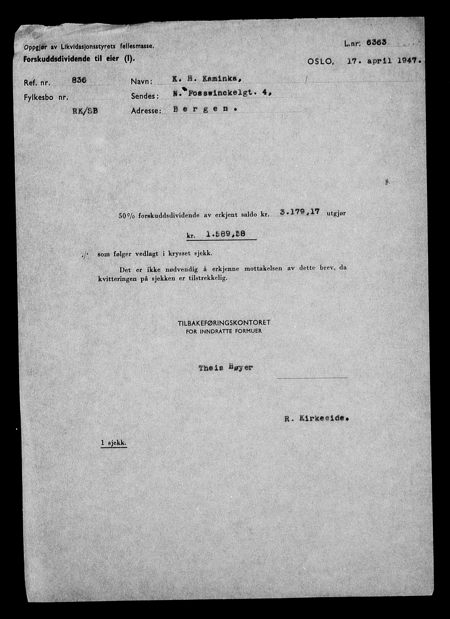 Justisdepartementet, Tilbakeføringskontoret for inndratte formuer, AV/RA-S-1564/H/Hc/Hcd/L1001: --, 1945-1947, p. 8