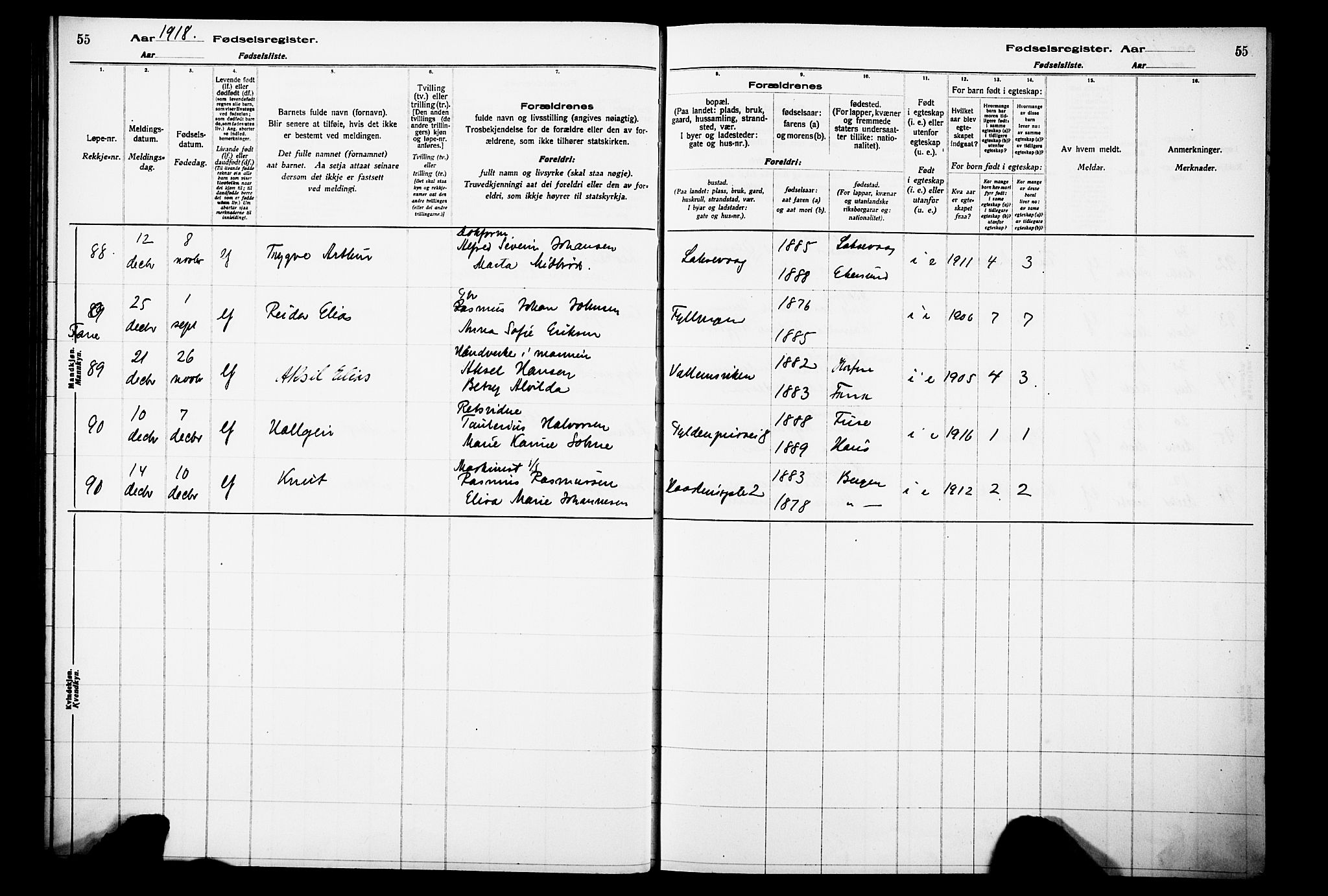 Laksevåg Sokneprestembete, AV/SAB-A-76501/I/Id/L00A1: Birth register no. A 1, 1916-1926, p. 55