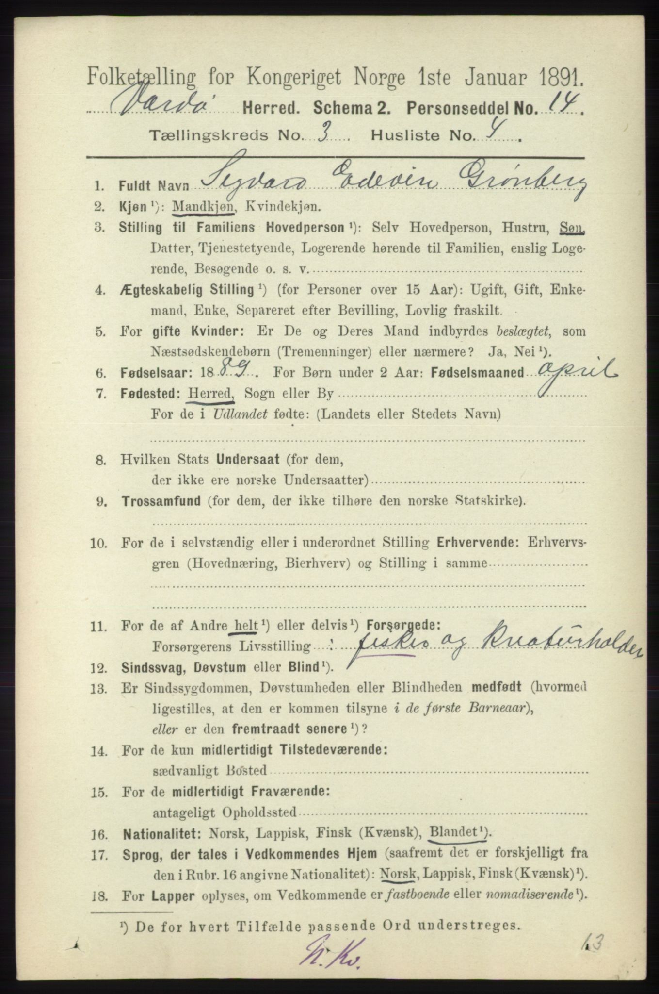 RA, 1891 census for 2028 Vardø, 1891, p. 848