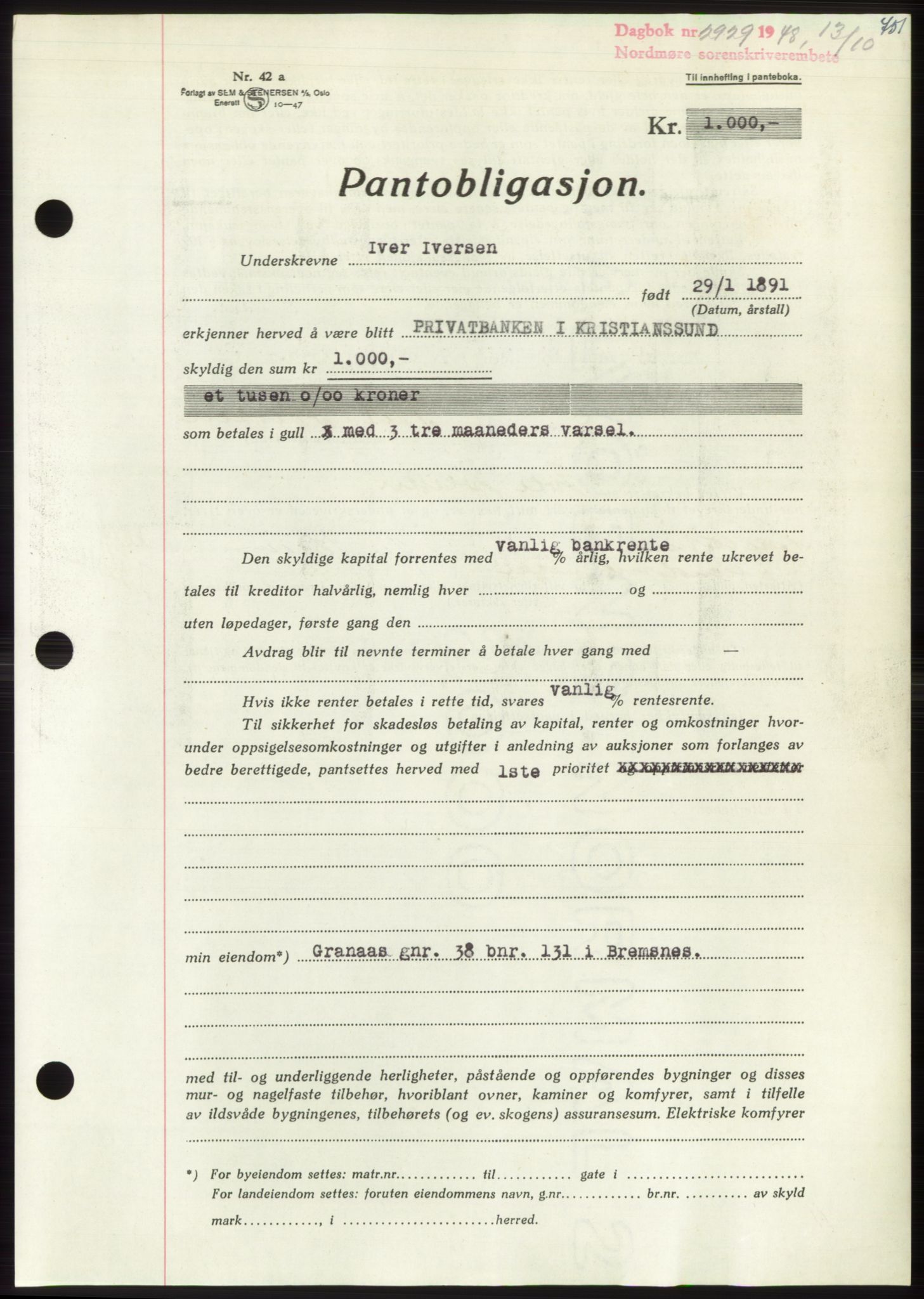 Nordmøre sorenskriveri, AV/SAT-A-4132/1/2/2Ca: Mortgage book no. B99, 1948-1948, Diary no: : 2929/1948