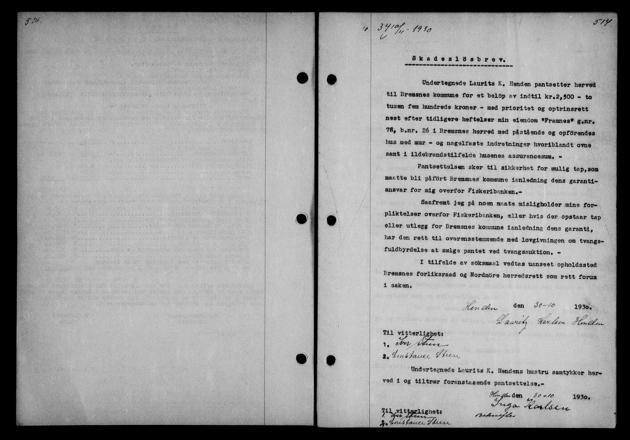 Nordmøre sorenskriveri, AV/SAT-A-4132/1/2/2Ca/L0070: Mortgage book no. 60, 1930-1930, Deed date: 10.11.1930