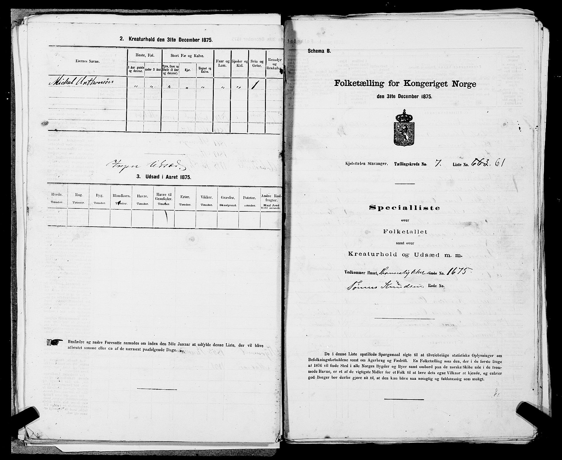 SAST, 1875 census for 1103 Stavanger, 1875, p. 1291