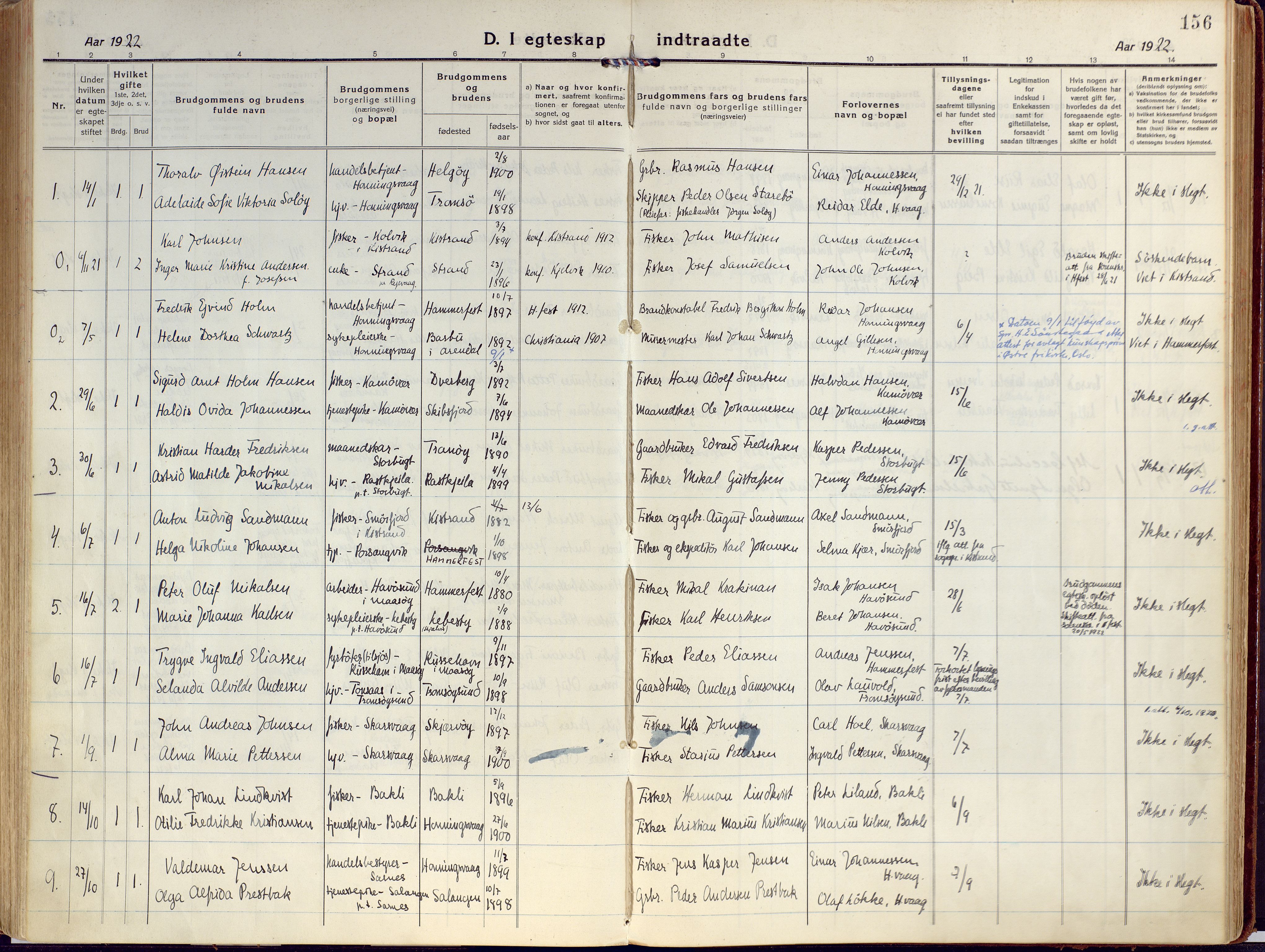 Kjelvik/Nordkapp sokneprestkontor, AV/SATØ-S-1350/H/Ha/L0002kirke: Parish register (official) no. 2, 1920-1929, p. 156