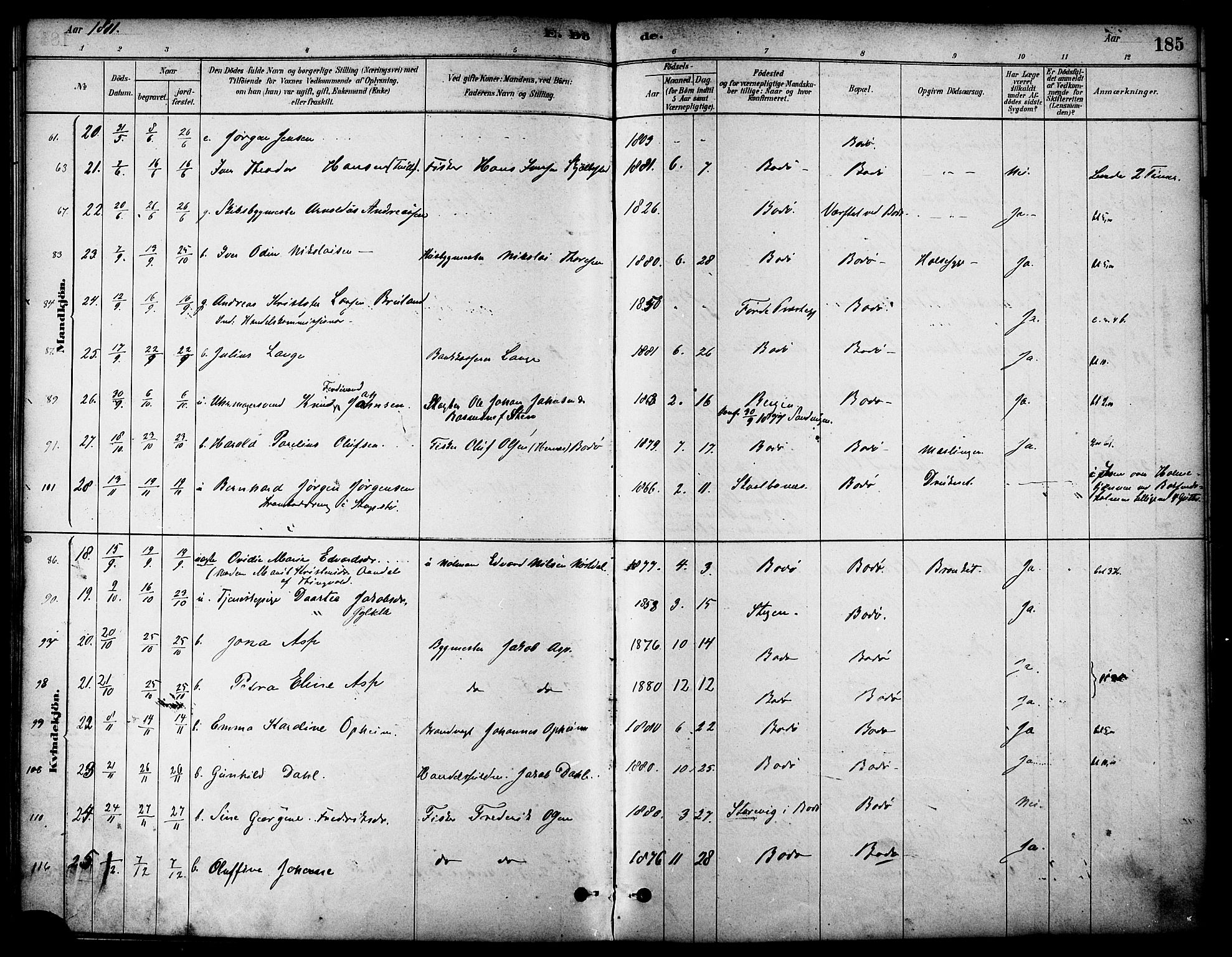 Ministerialprotokoller, klokkerbøker og fødselsregistre - Nordland, AV/SAT-A-1459/801/L0030: Parish register (copy) no. 801C05, 1879-1887, p. 185