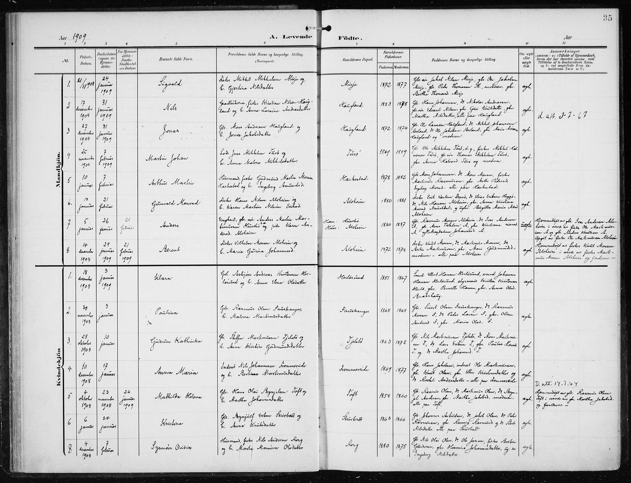 Herdla Sokneprestembete, AV/SAB-A-75701/H/Haa: Parish register (official) no. A 5, 1905-1918, p. 35