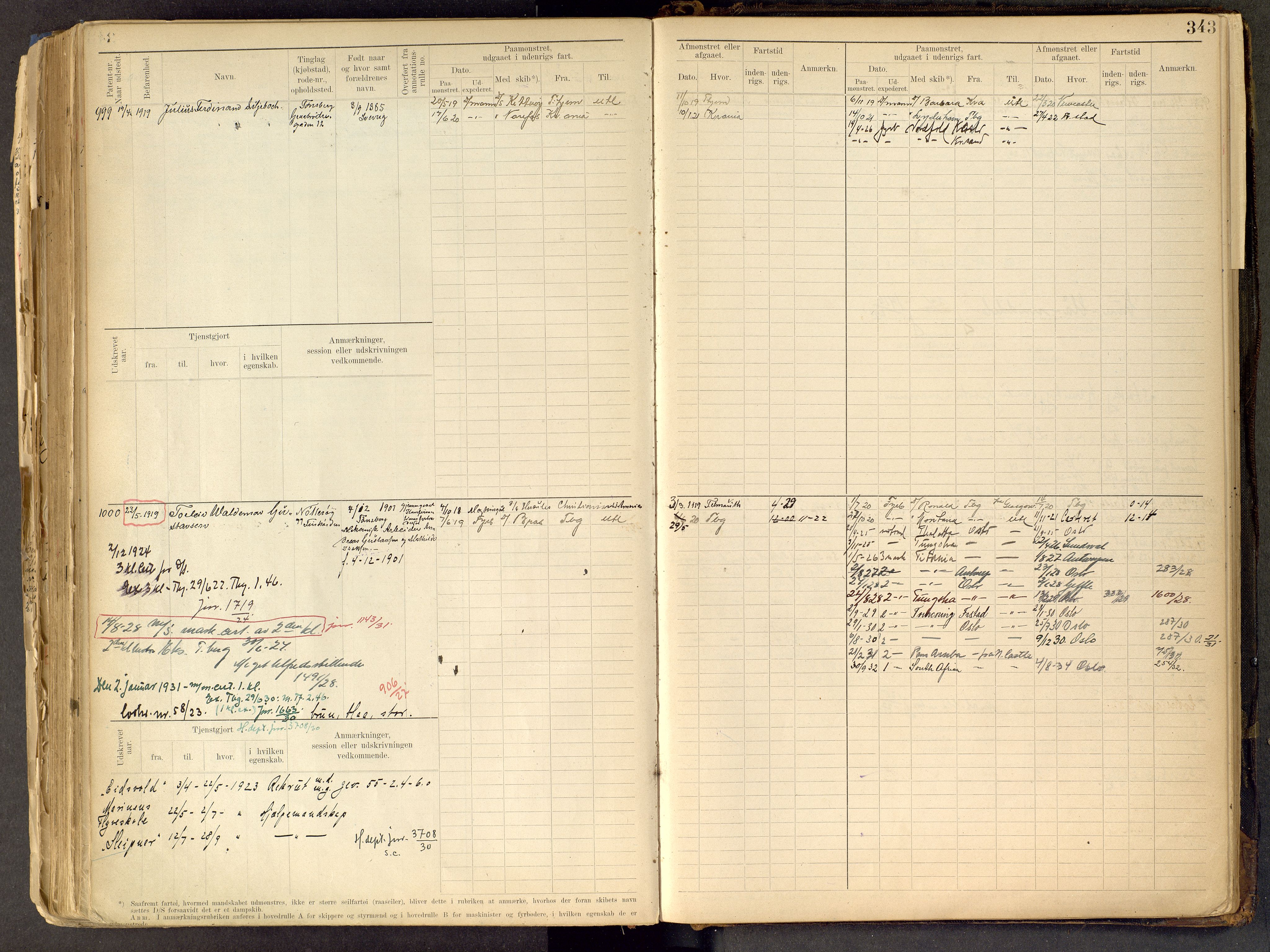 Tønsberg innrulleringskontor, AV/SAKO-A-786/F/Fe/L0002: Maskinist- og fyrbøterrulle Patent nr. 315-1110, 1902-1924, p. 343