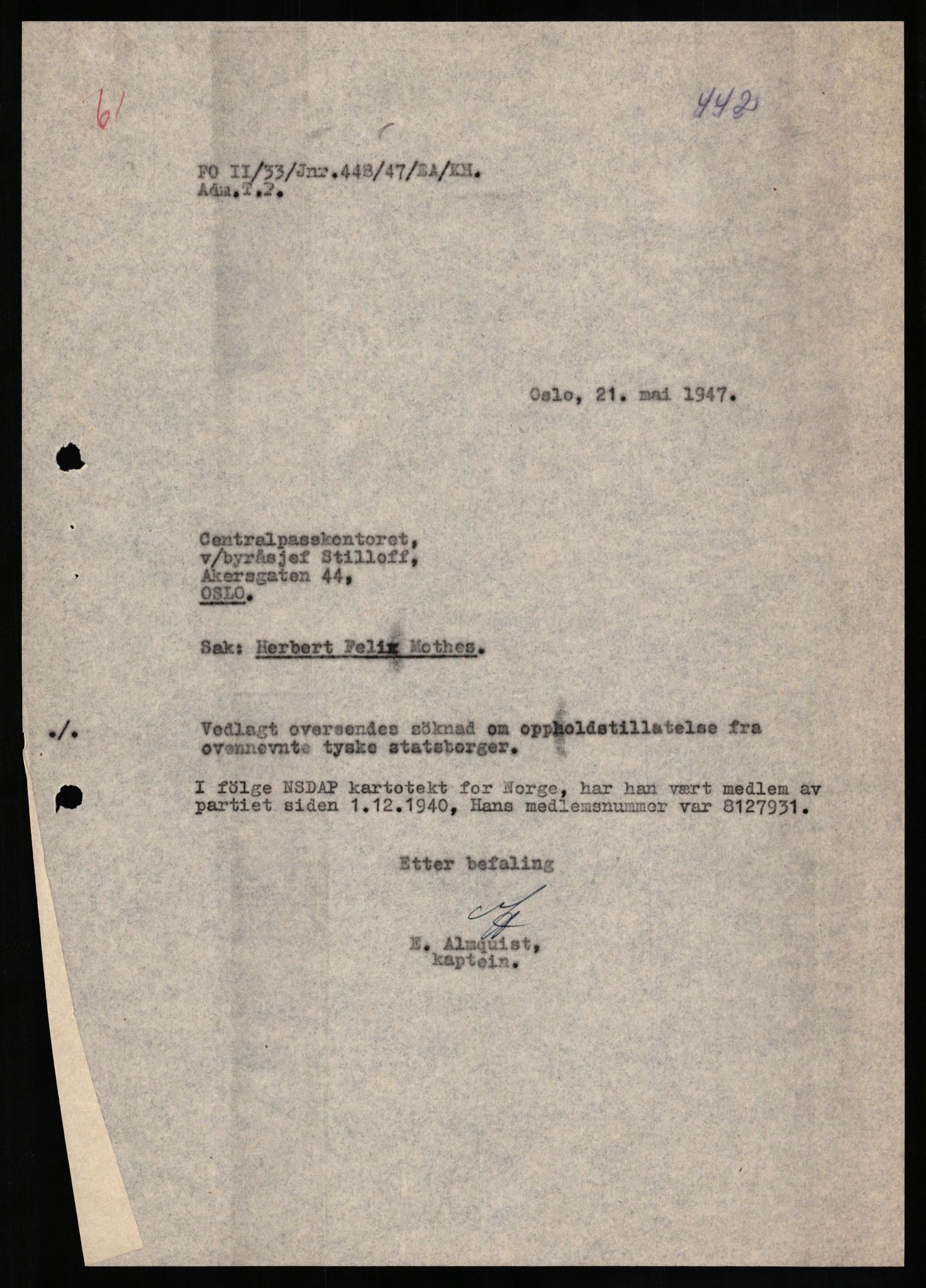 Forsvaret, Forsvarets overkommando II, AV/RA-RAFA-3915/D/Db/L0022: CI Questionaires. Tyske okkupasjonsstyrker i Norge. Tyskere., 1945-1946, p. 401