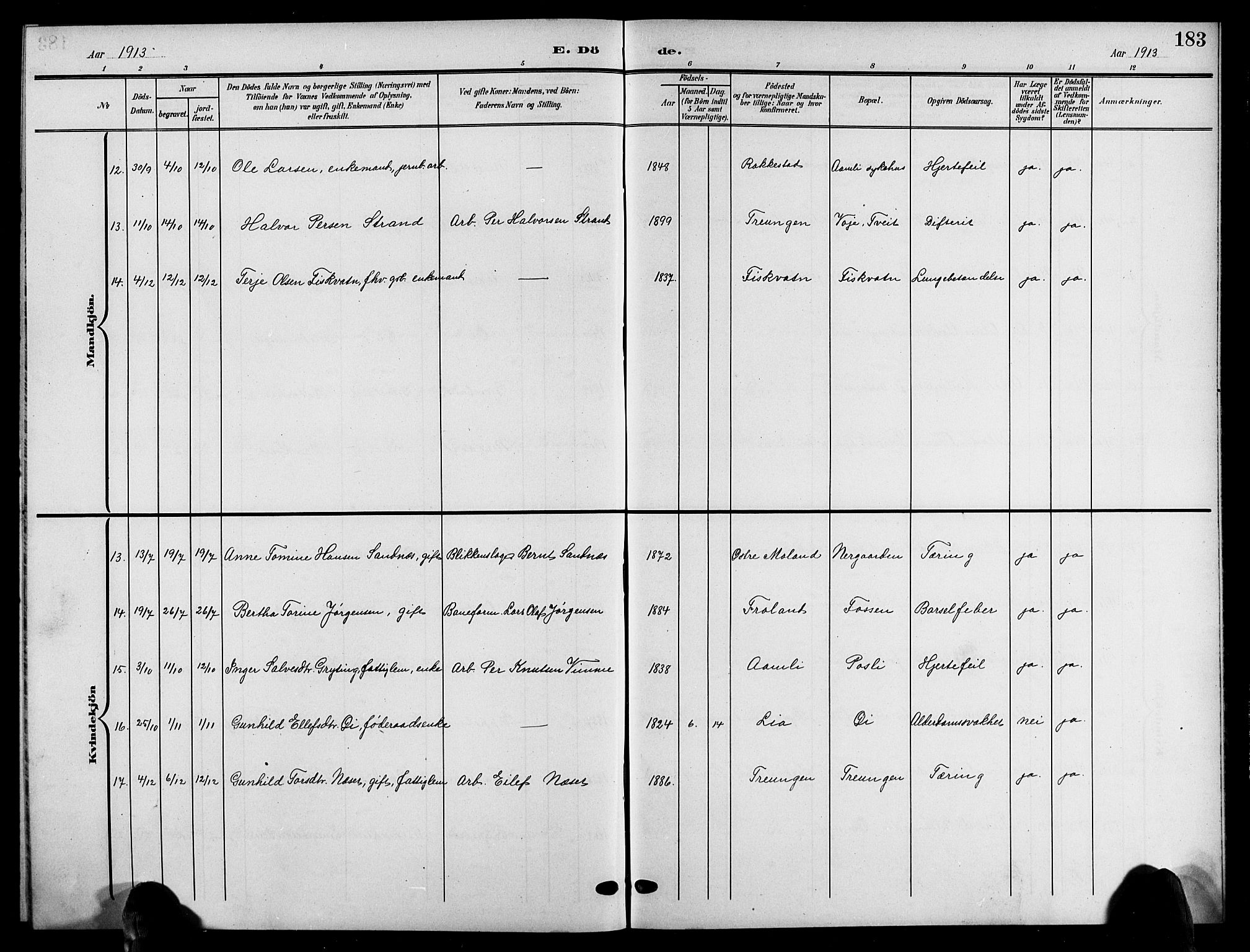 Åmli sokneprestkontor, SAK/1111-0050/F/Fb/Fbc/L0005: Parish register (copy) no. B 5, 1903-1916, p. 183