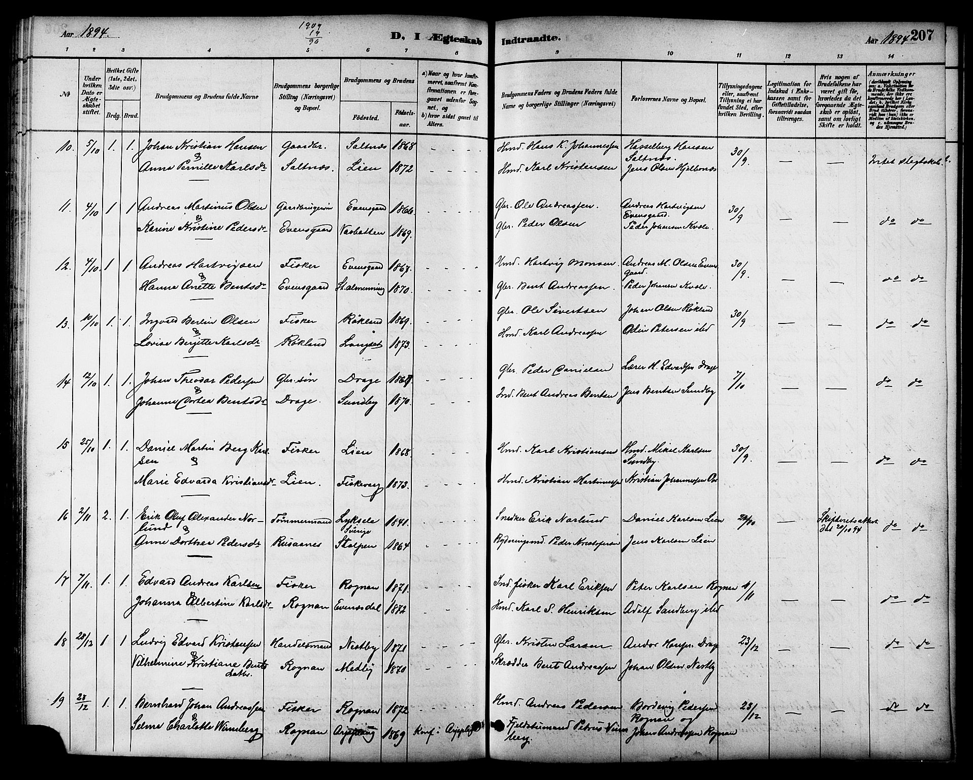 Ministerialprotokoller, klokkerbøker og fødselsregistre - Nordland, AV/SAT-A-1459/847/L0669: Parish register (official) no. 847A09, 1887-1901, p. 207