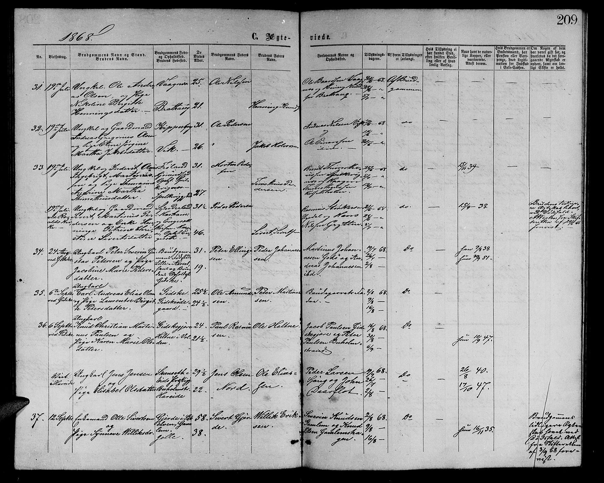 Ministerialprotokoller, klokkerbøker og fødselsregistre - Møre og Romsdal, AV/SAT-A-1454/528/L0428: Parish register (copy) no. 528C09, 1864-1880, p. 209