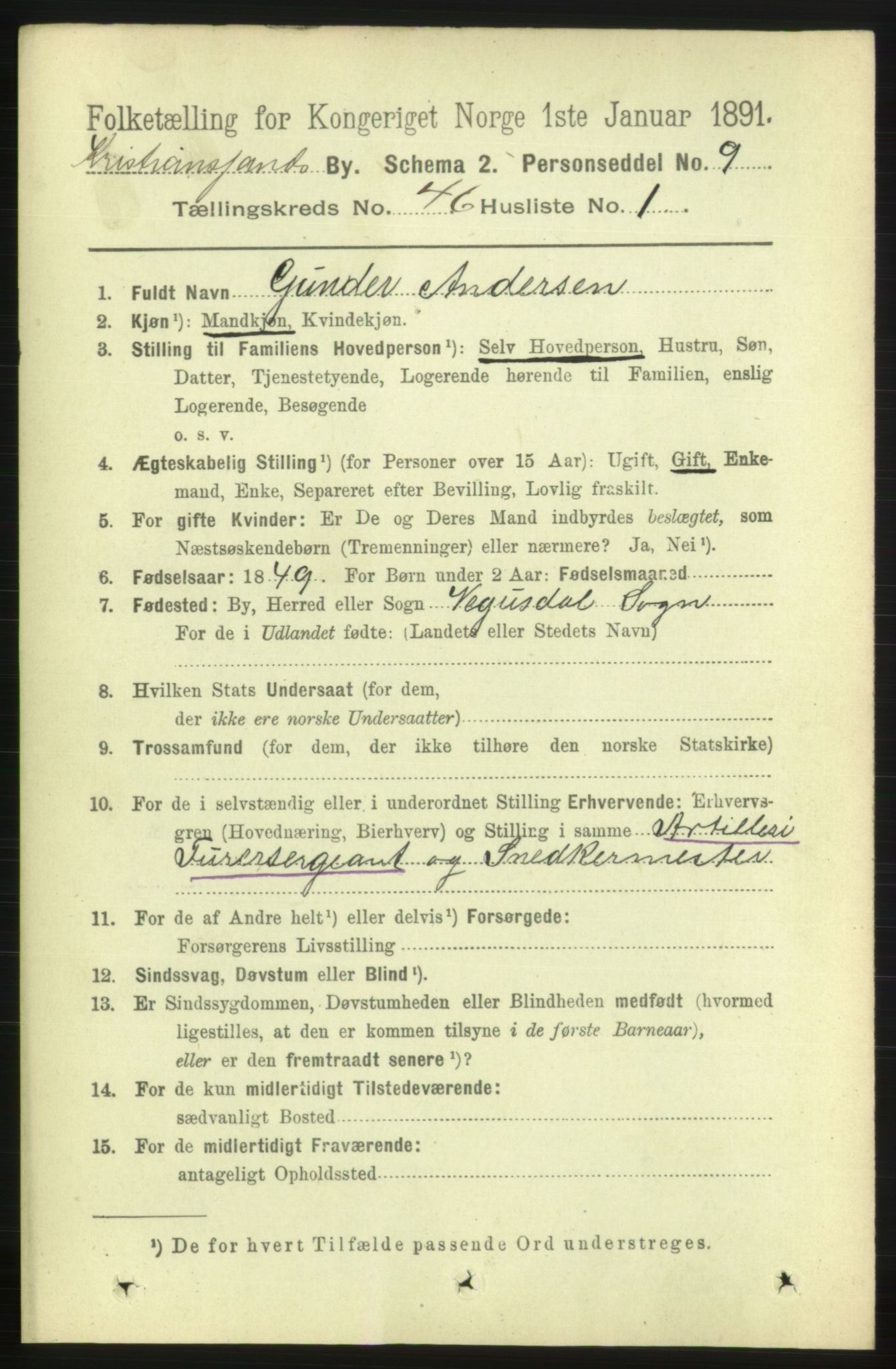 RA, 1891 census for 1001 Kristiansand, 1891, p. 14008