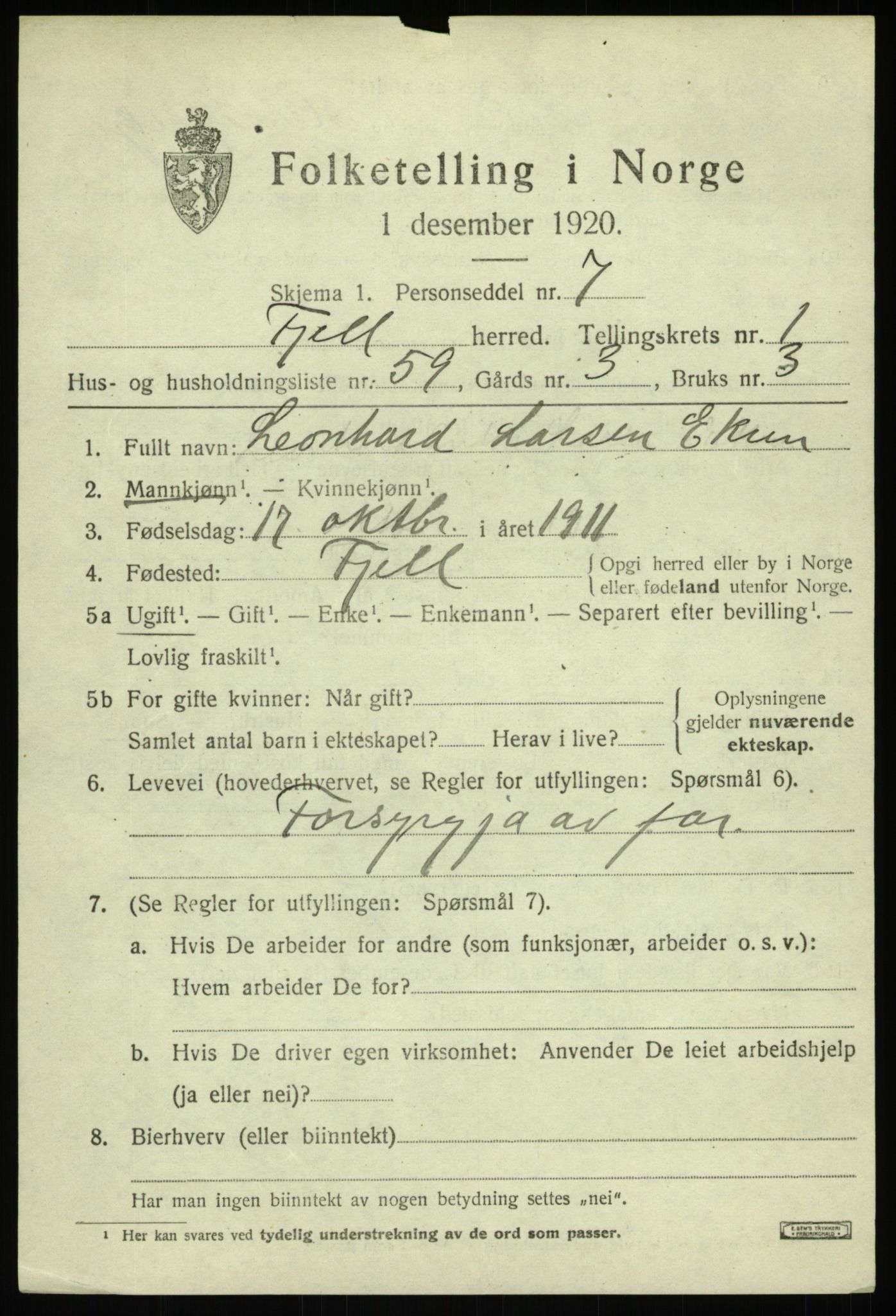 SAB, 1920 census for Fjell, 1920, p. 2246