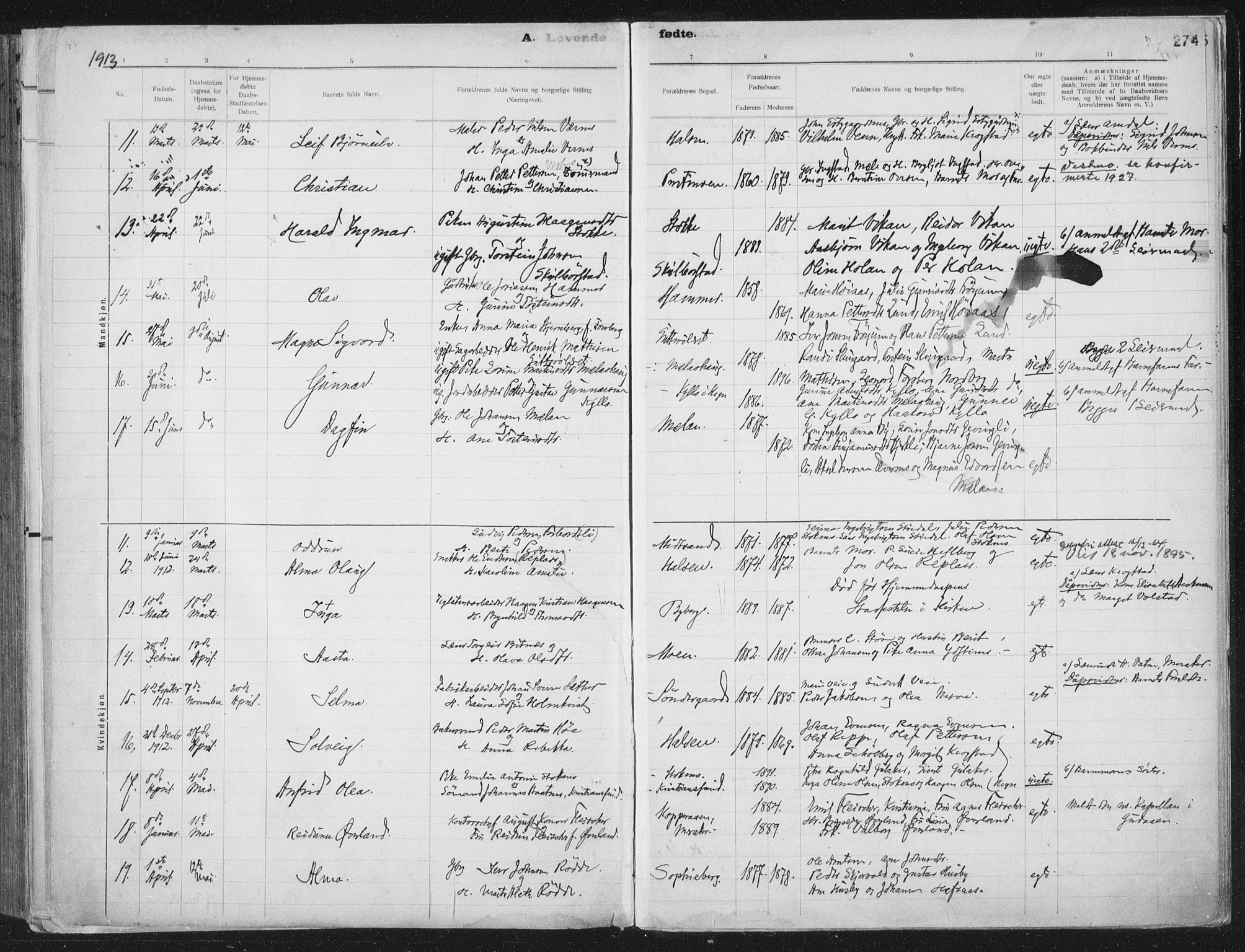 Ministerialprotokoller, klokkerbøker og fødselsregistre - Nord-Trøndelag, AV/SAT-A-1458/709/L0082: Parish register (official) no. 709A22, 1896-1916, p. 274