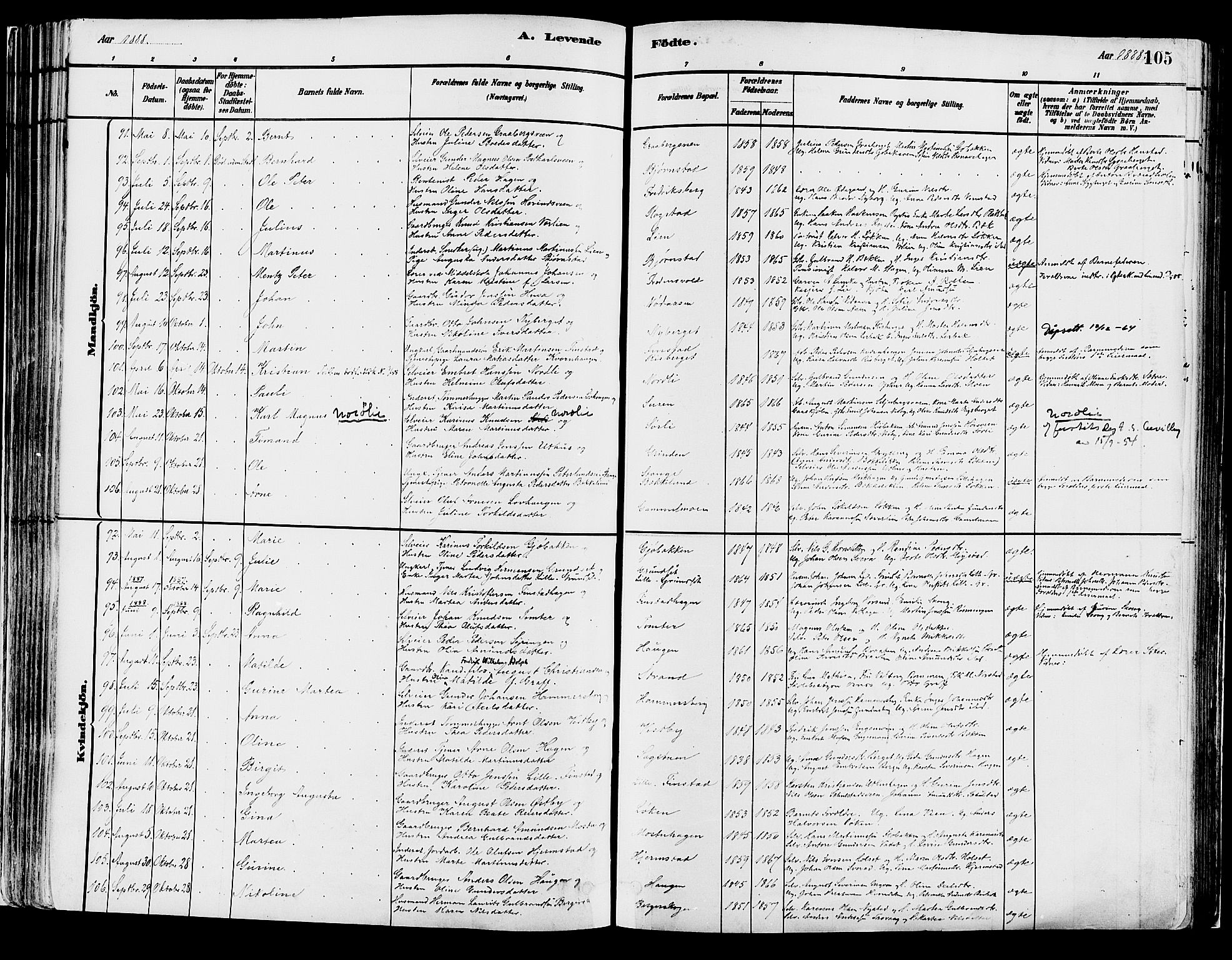 Elverum prestekontor, AV/SAH-PREST-044/H/Ha/Haa/L0013: Parish register (official) no. 13, 1880-1890, p. 105