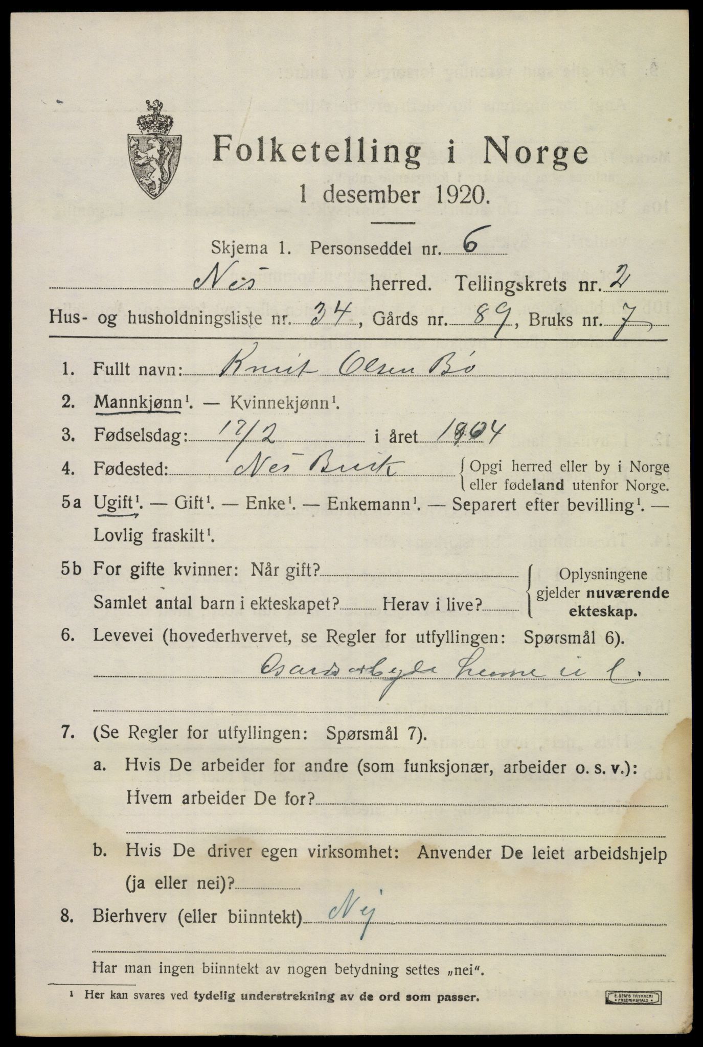 SAKO, 1920 census for Nes (Buskerud), 1920, p. 1612