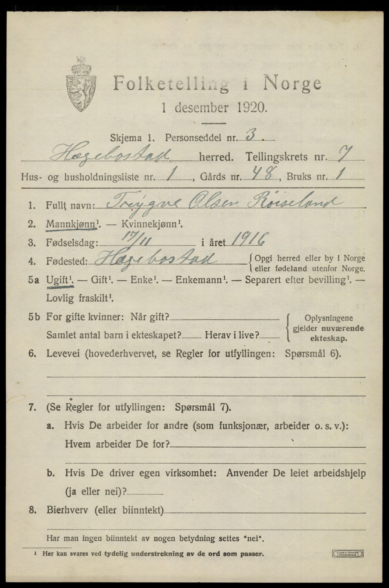 SAK, 1920 census for Hægebostad, 1920, p. 2113