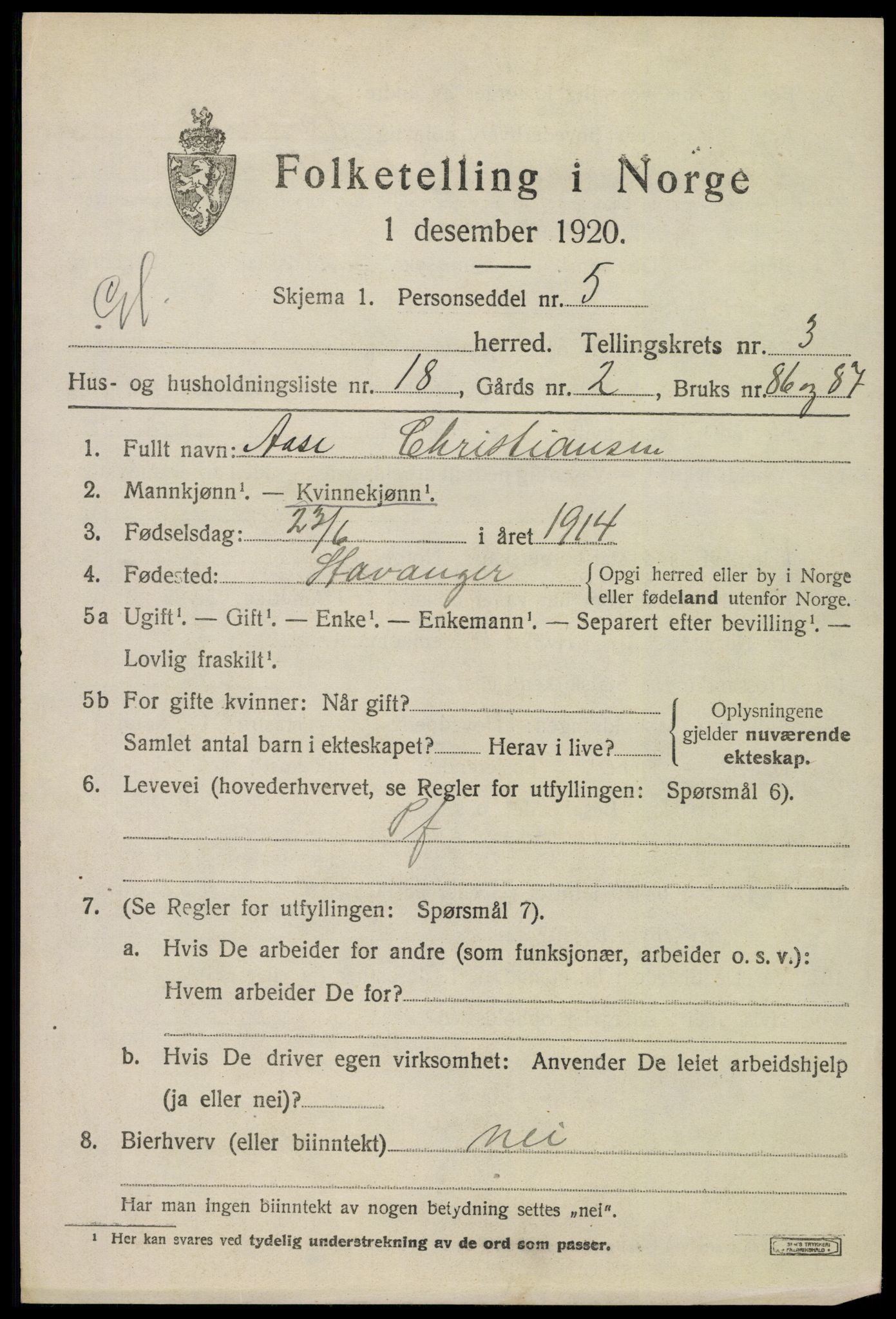 SAO, 1920 census for Moss land district, 1920, p. 3193