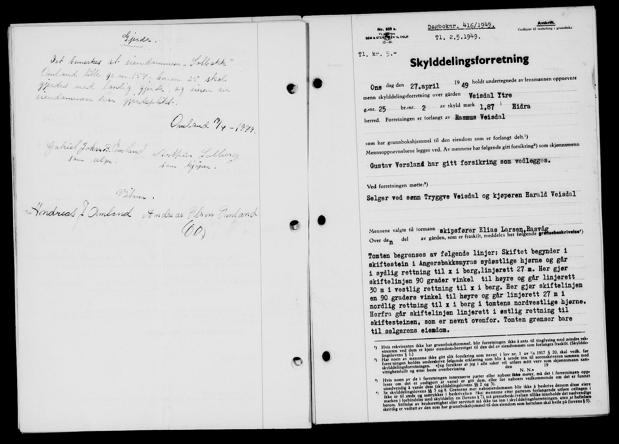 Flekkefjord sorenskriveri, SAK/1221-0001/G/Gb/Gba/L0065: Mortgage book no. A-13, 1949-1949, Diary no: : 416/1949